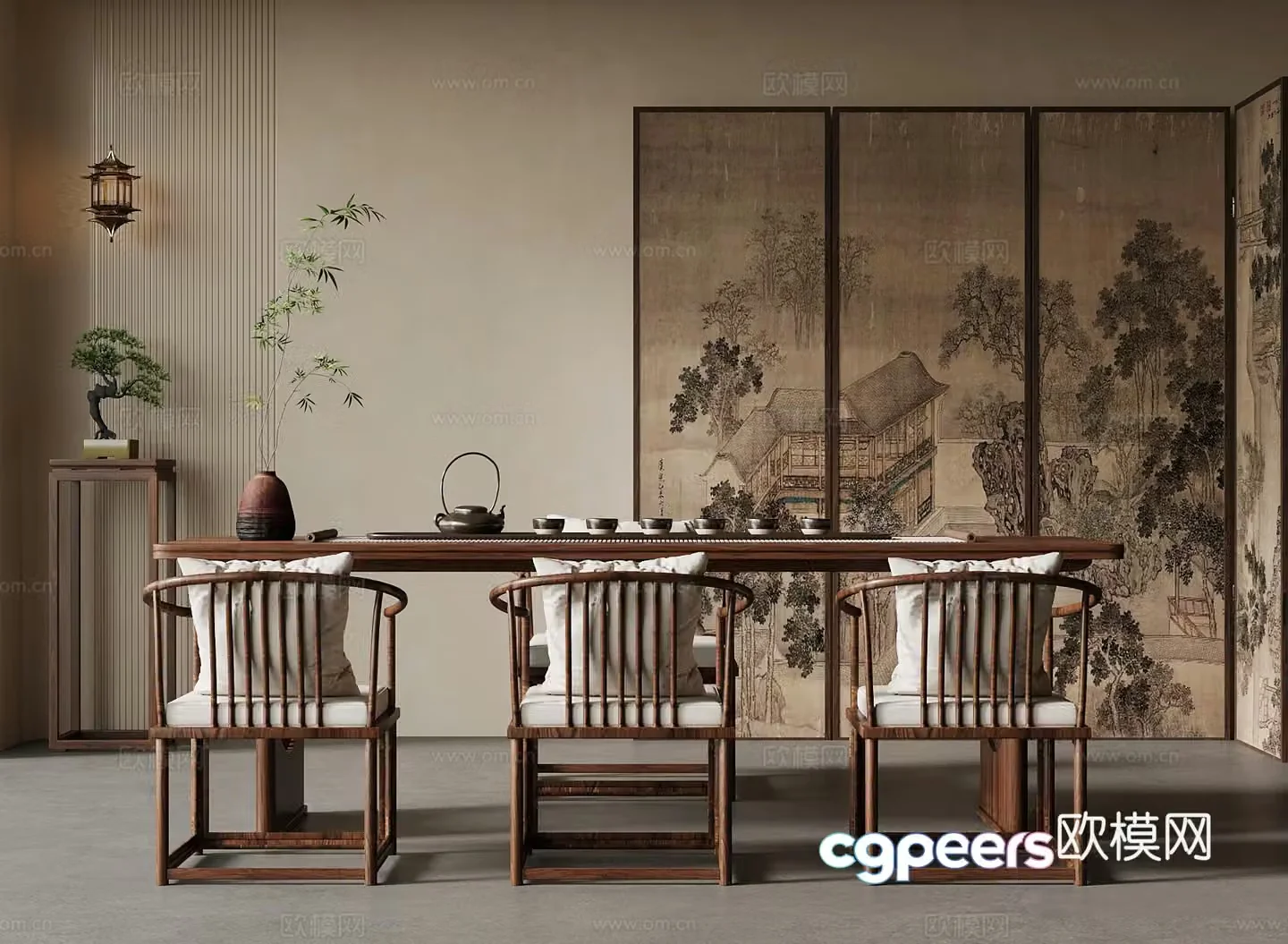 Tea room New Chinese style tea room Tea table and chair Screen 3D model