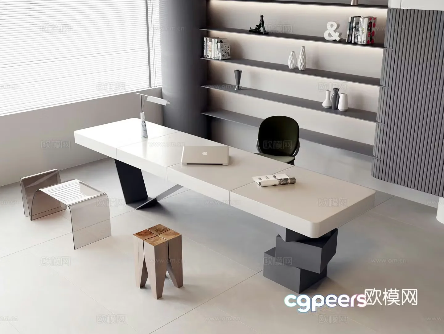 Desk and chair combination casual long desk fabric leisure chair acrylic special-shaped chair solid wood square stool 3D model