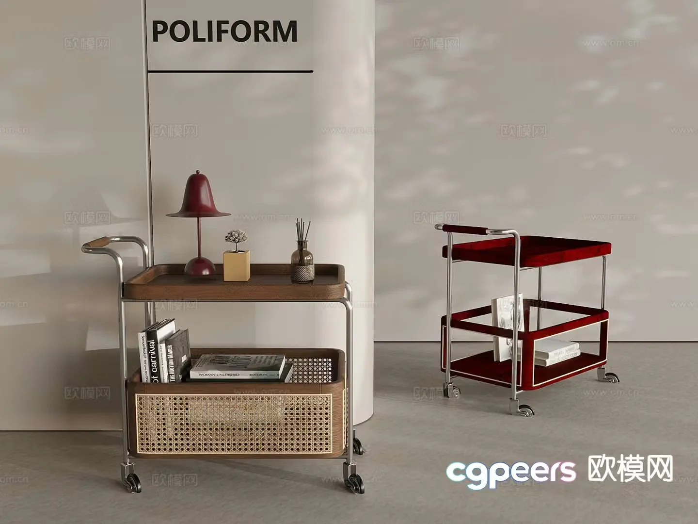 Medieval style rattan side table wheeled mobile cart 3D model