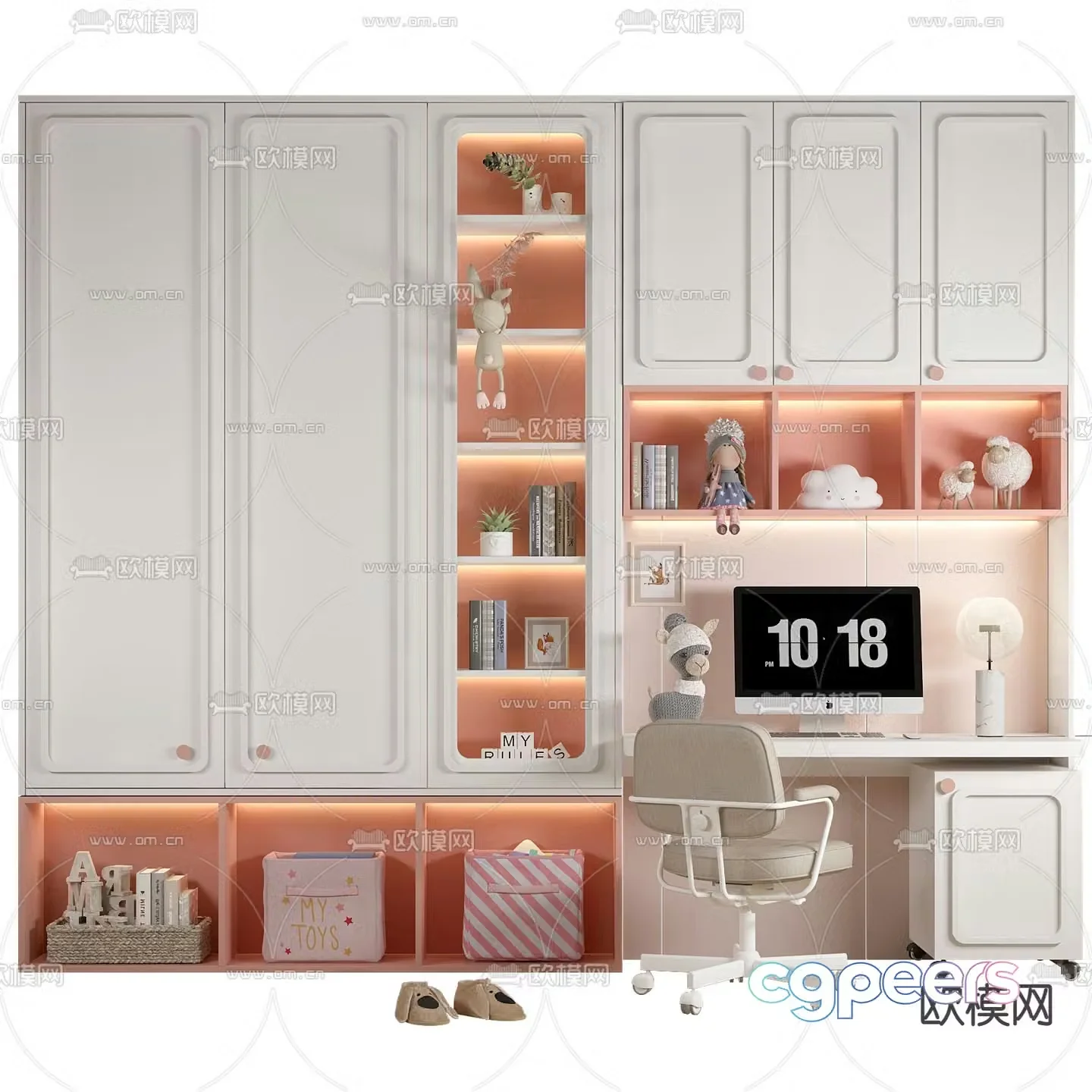 Modern children’s integrated bookcase table and chair 3d model