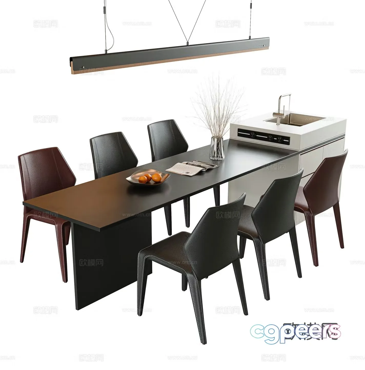 Dining table and chair combination island dining leather dining chair single chair book chair water bar long chandeliers 3D model