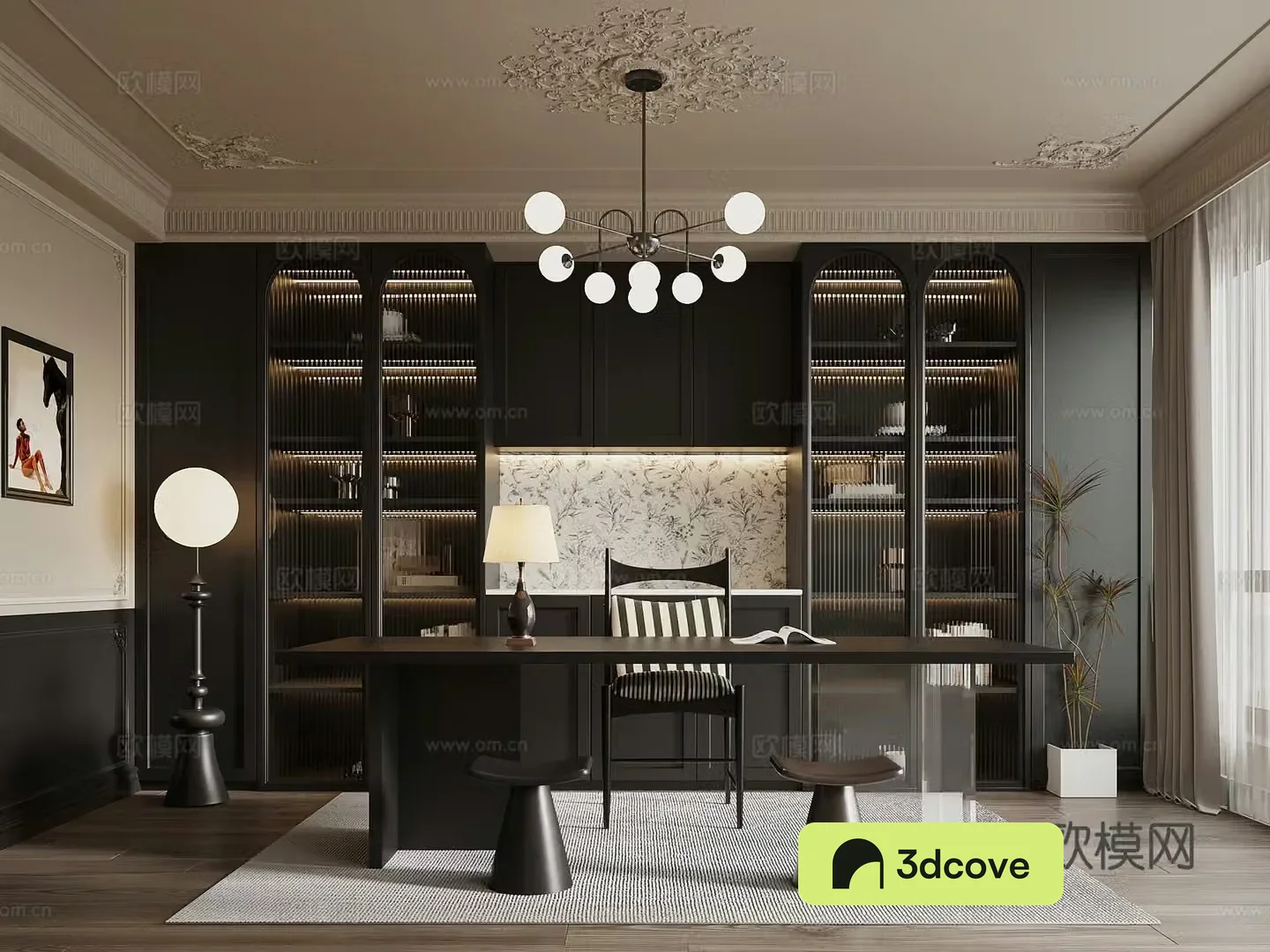 Study room French retro style study bookcase desk chair office desk