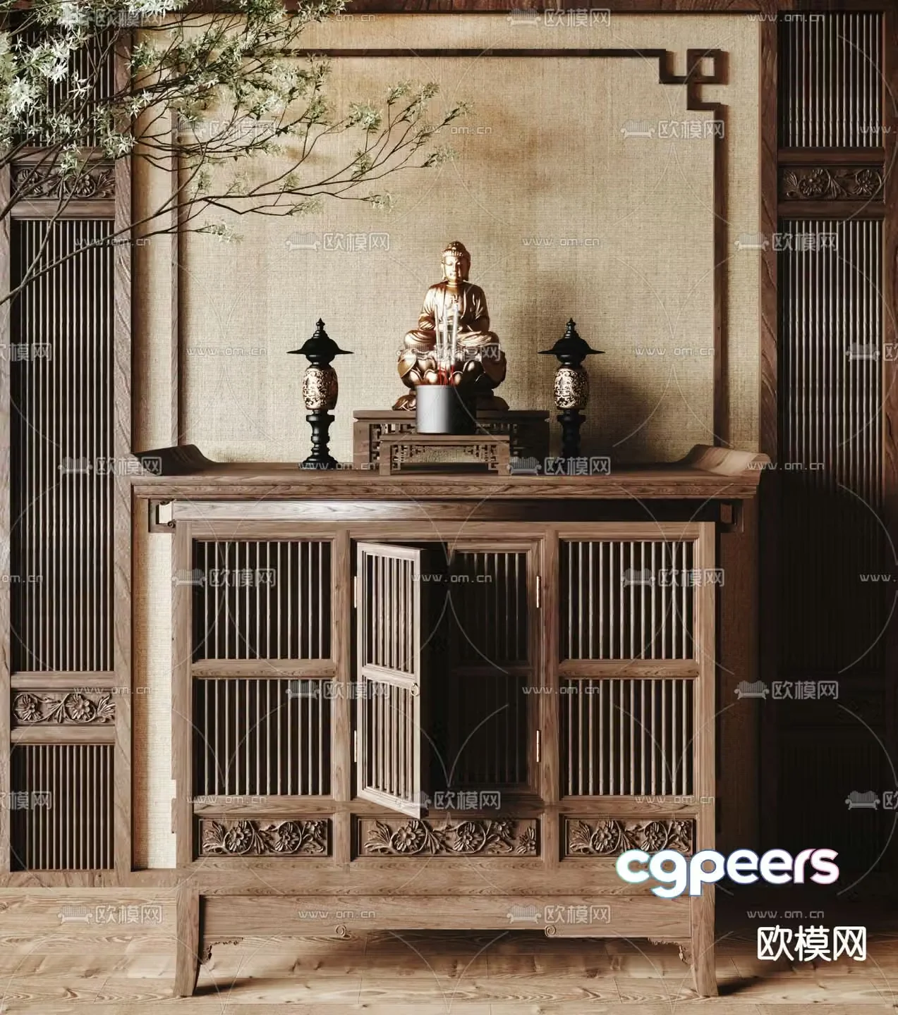3D model of Chinese shrine Buddhist altar and incense table