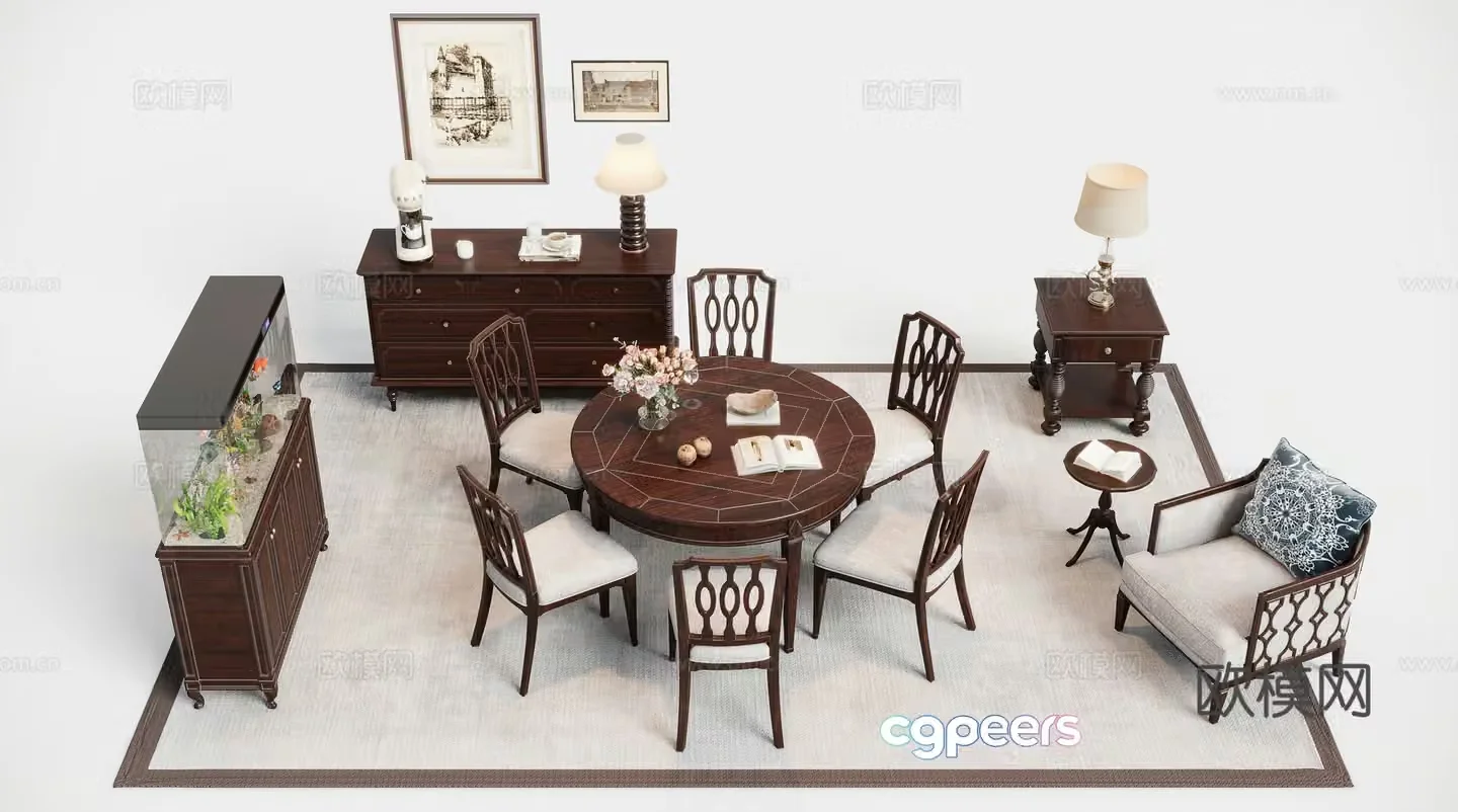 American solid wood furniture dining table and chairs side cabinets fish tank 3D model