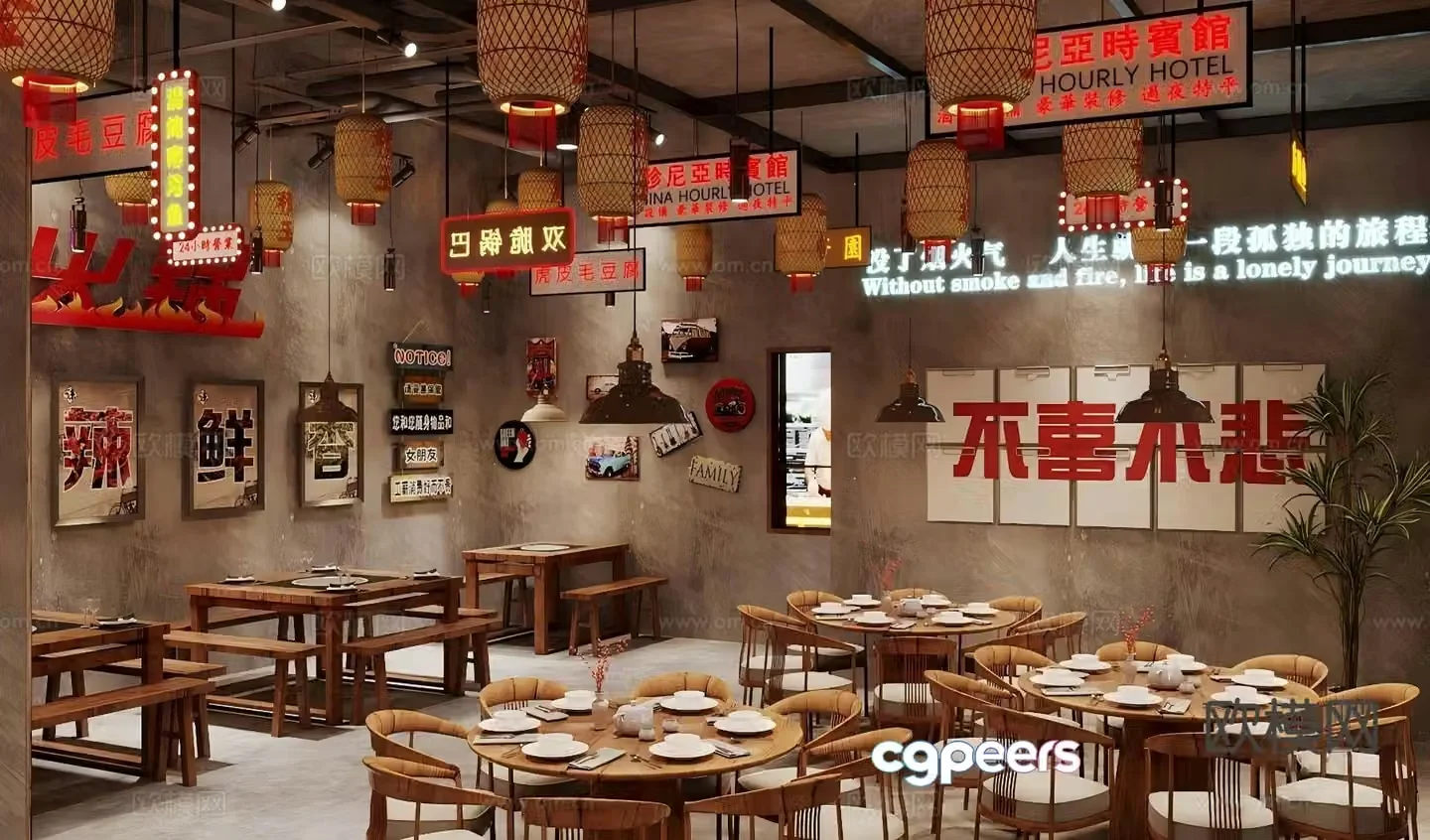 Industrial style barbecue restaurant 3d model