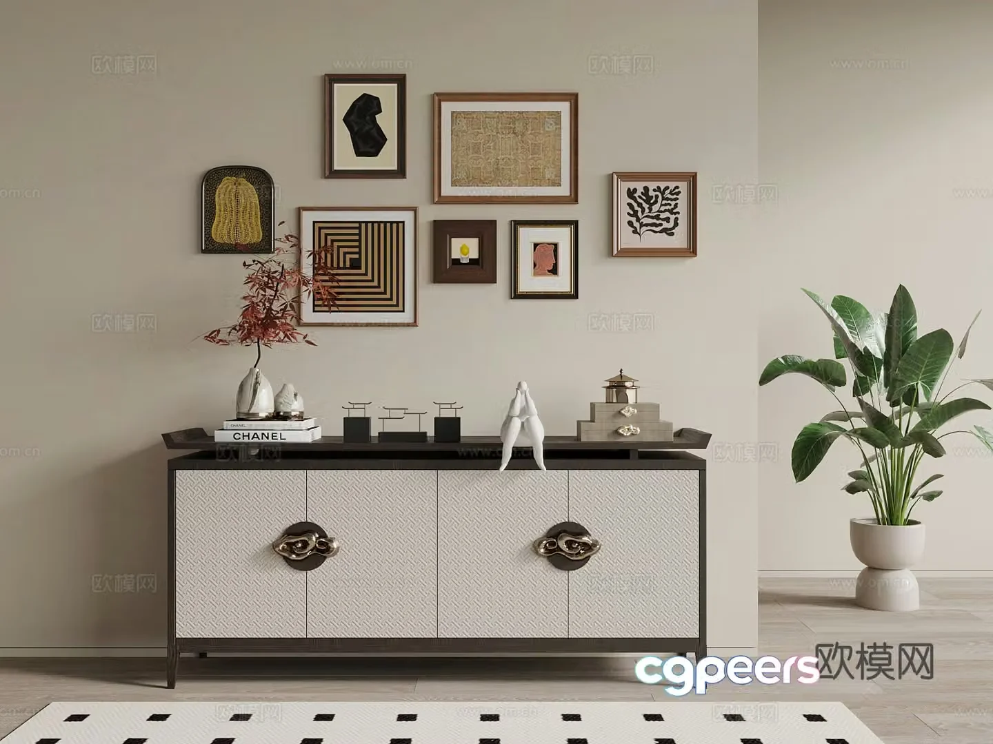 New Chinese style side cabinet hanging painting green plant 3D model