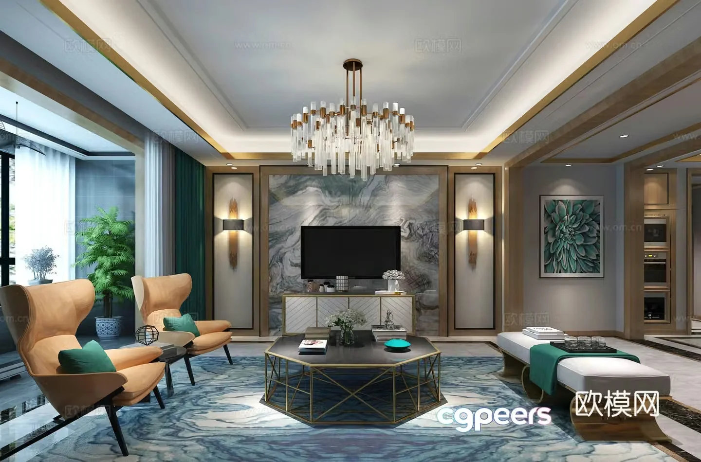 Modern living and dining sofa coffee table dining table chair chandeliers hanging paintings TV cabinet 3D model