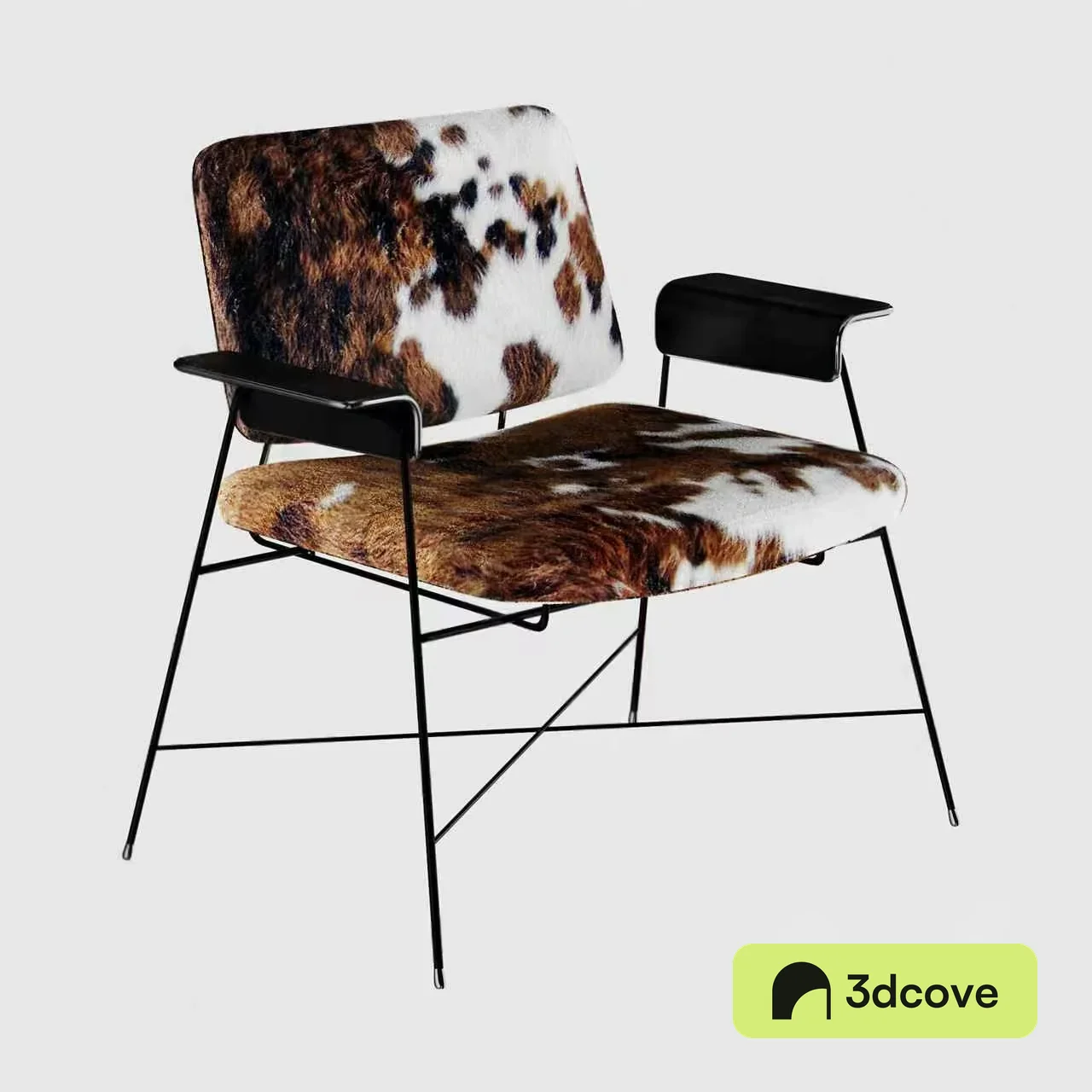 A Black Metal Chair With A Brown And White Cow-Print Seat And Back