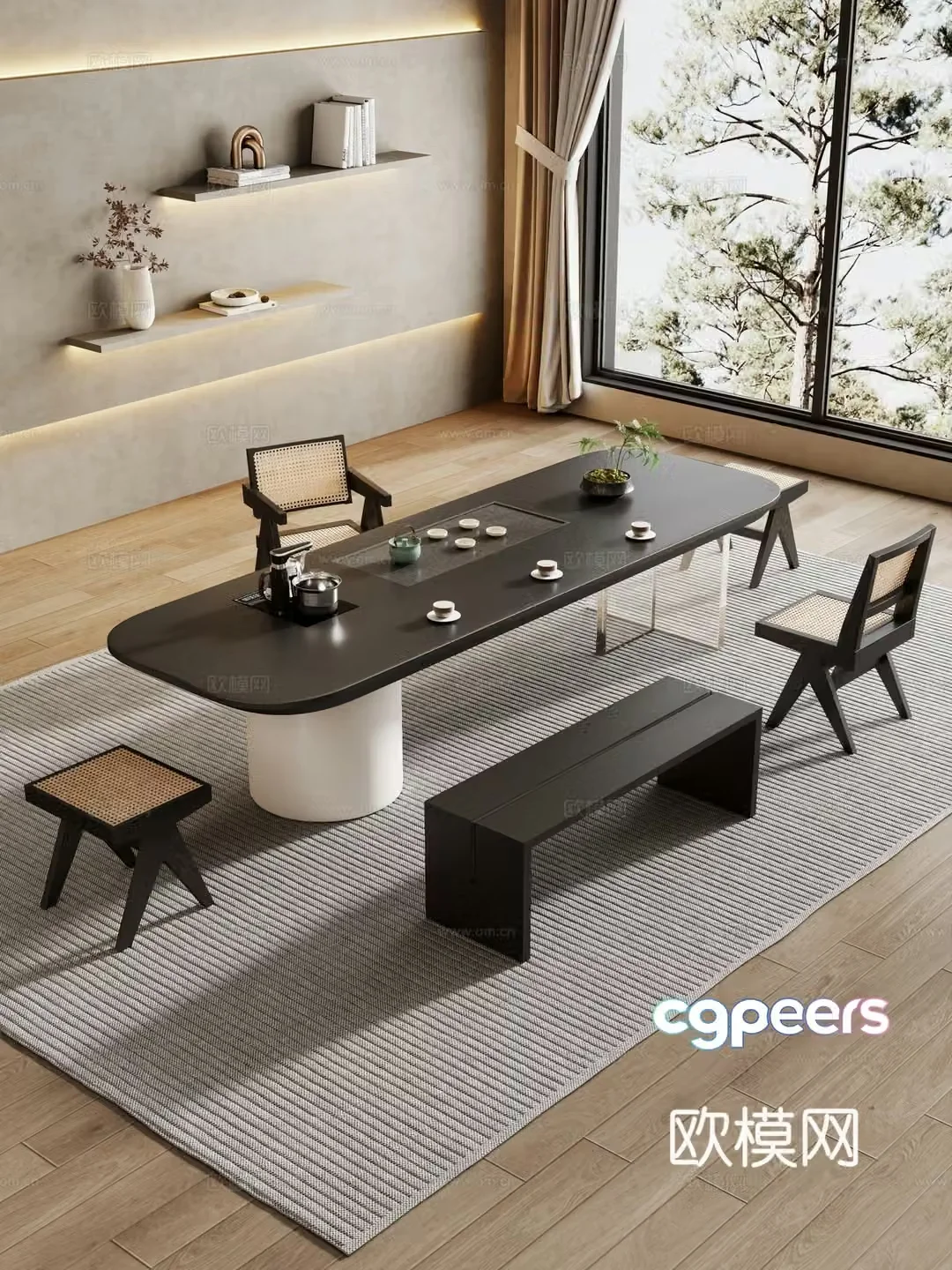 Creamy large plate table tea table and chair combination tea table tea table tea room tea table balcony tea table 3D model