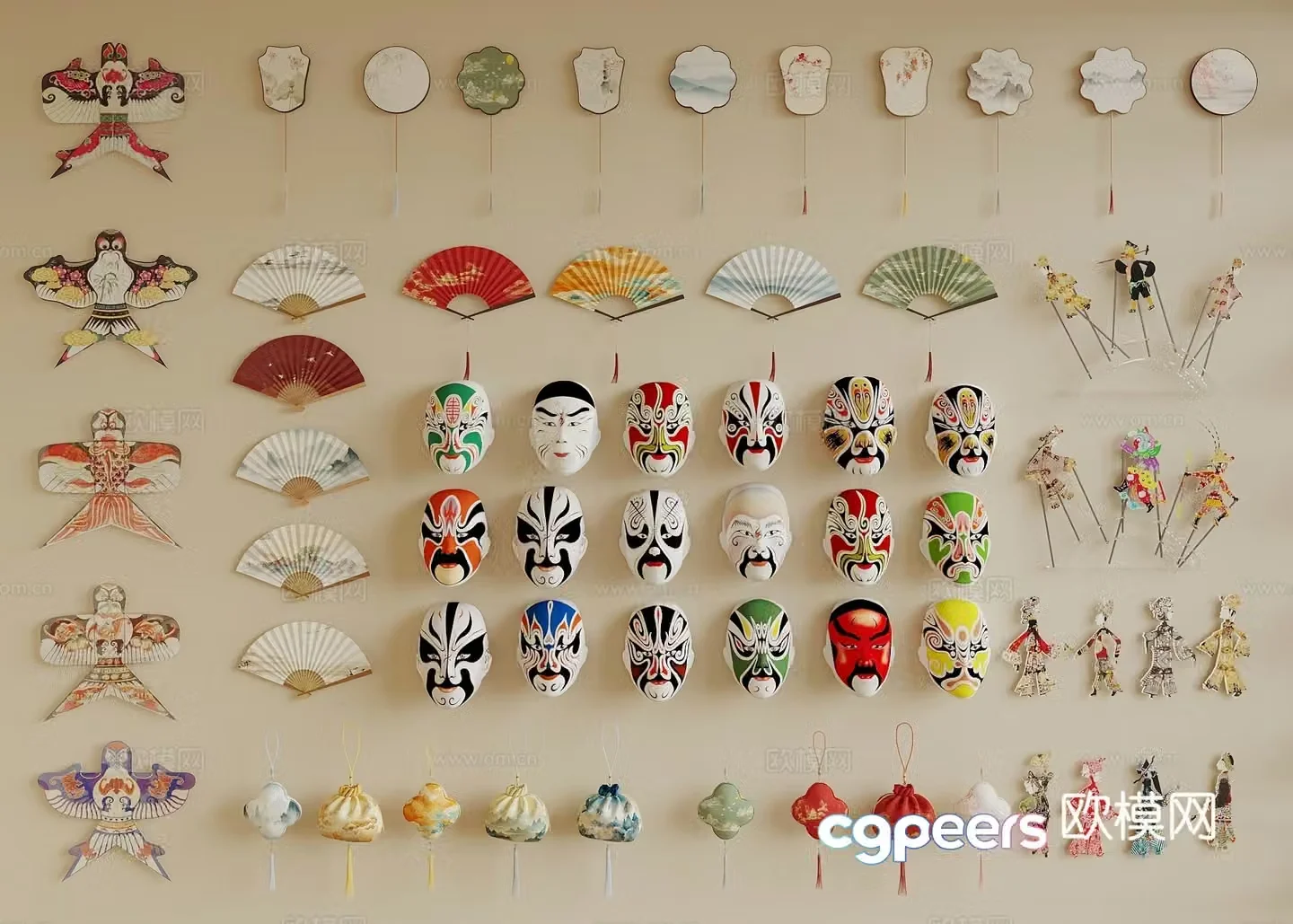 New Chinese style pendants folk cultural wall decoration pendants kite face fan sachet 3d model