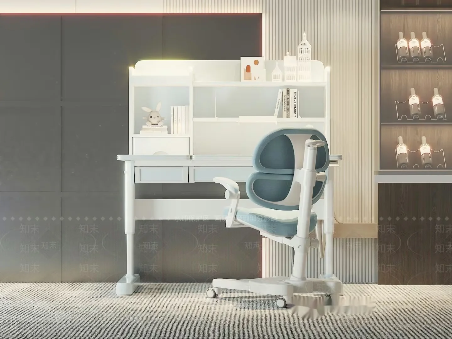 A White Desk With A Blue Chair 3D Model – 9650 – VRAY Render