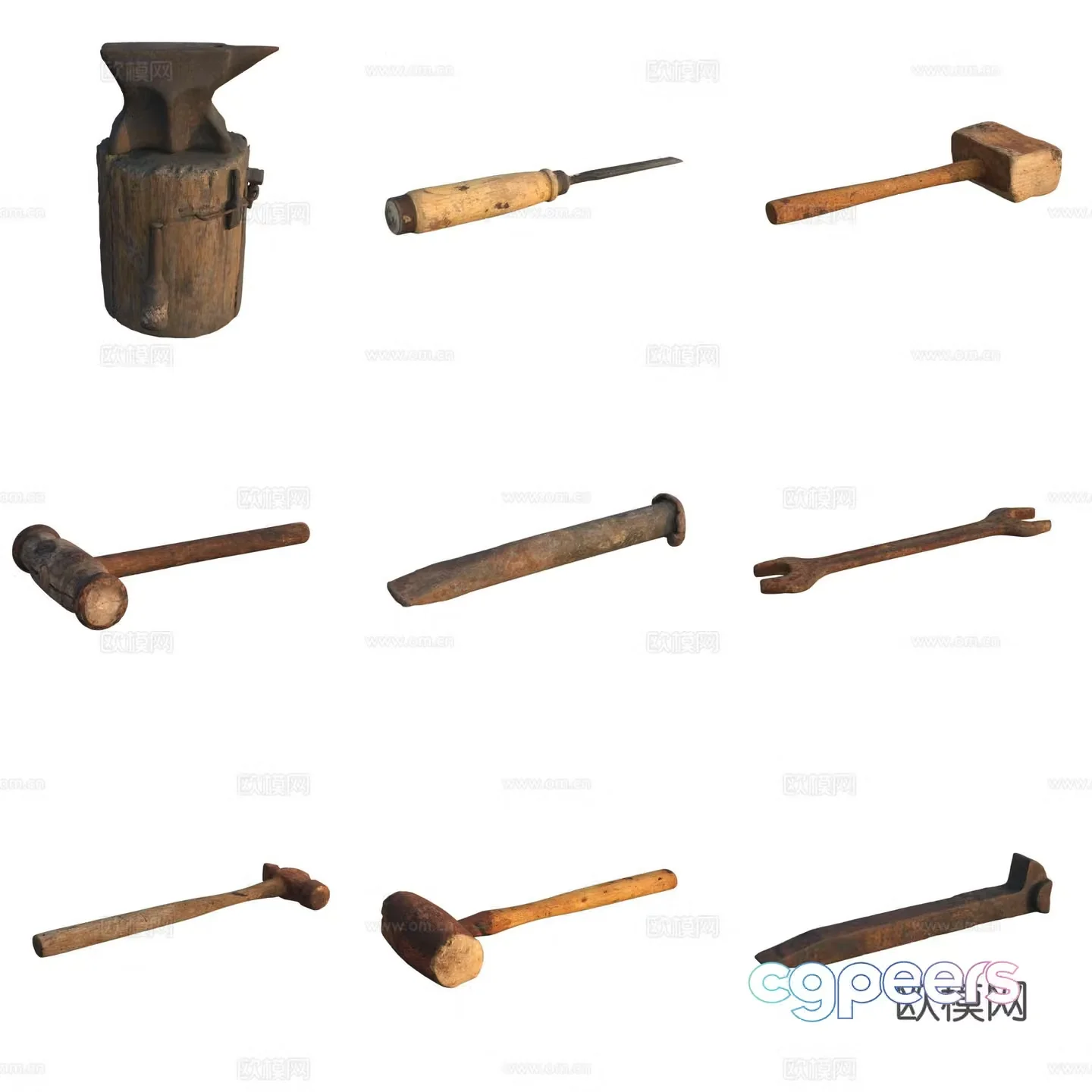 Farm tool axe pick hammer wrench awl 3d model