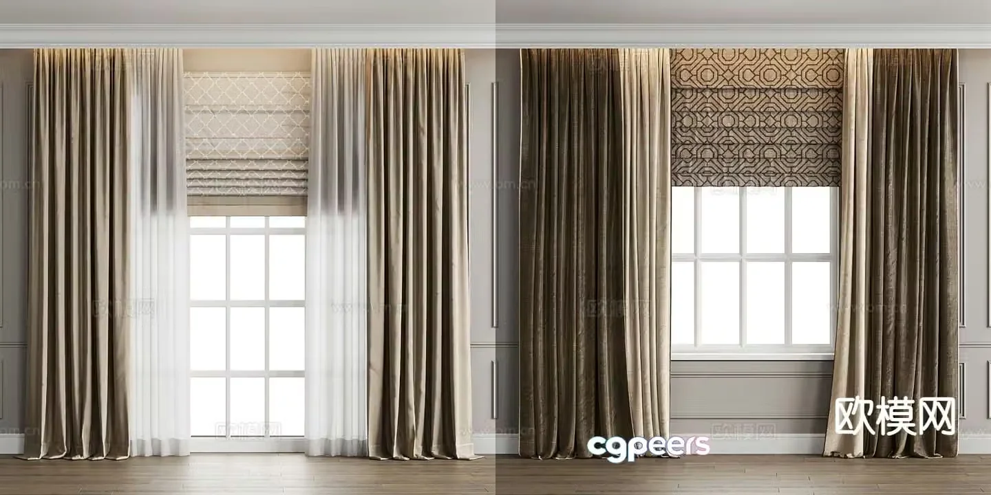 Modern plain curtains milk tea curtains bedroom curtains 3D model