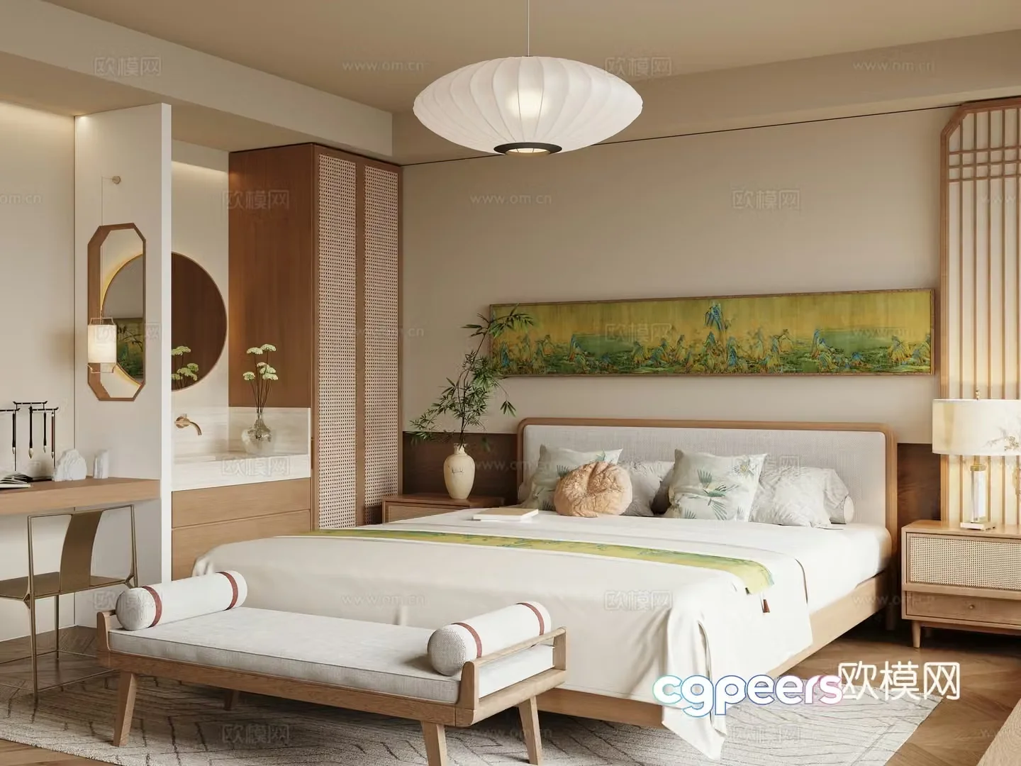 New Chinese Zen Bedroom Song Family Bedroom Double Bed 3D Model