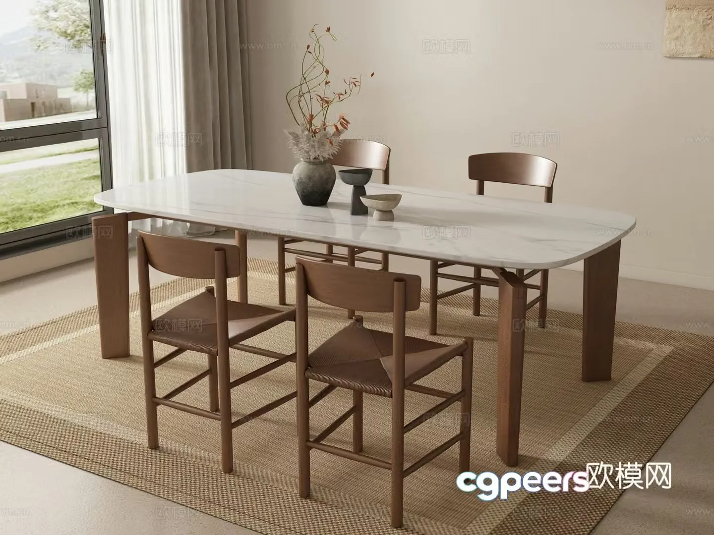 Wabi-sabi dining table and chairs 3d model