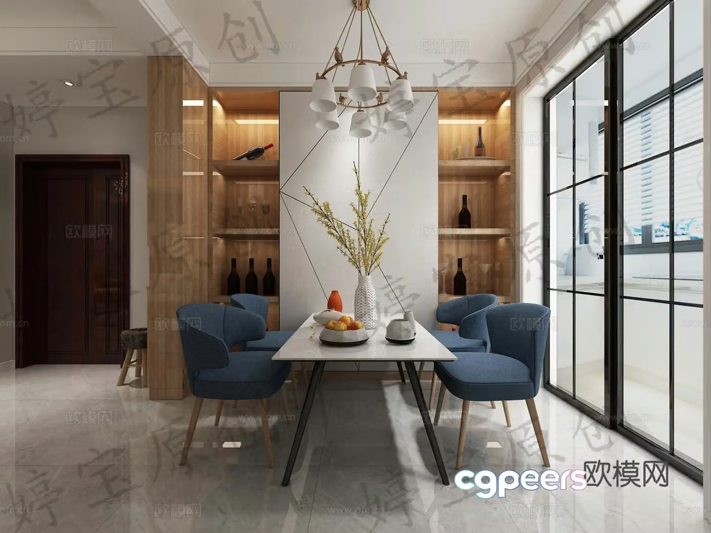 Nordic living restaurant chandeliers multi-person sofa coffee table single sofa wine cabinet dining table 3D model