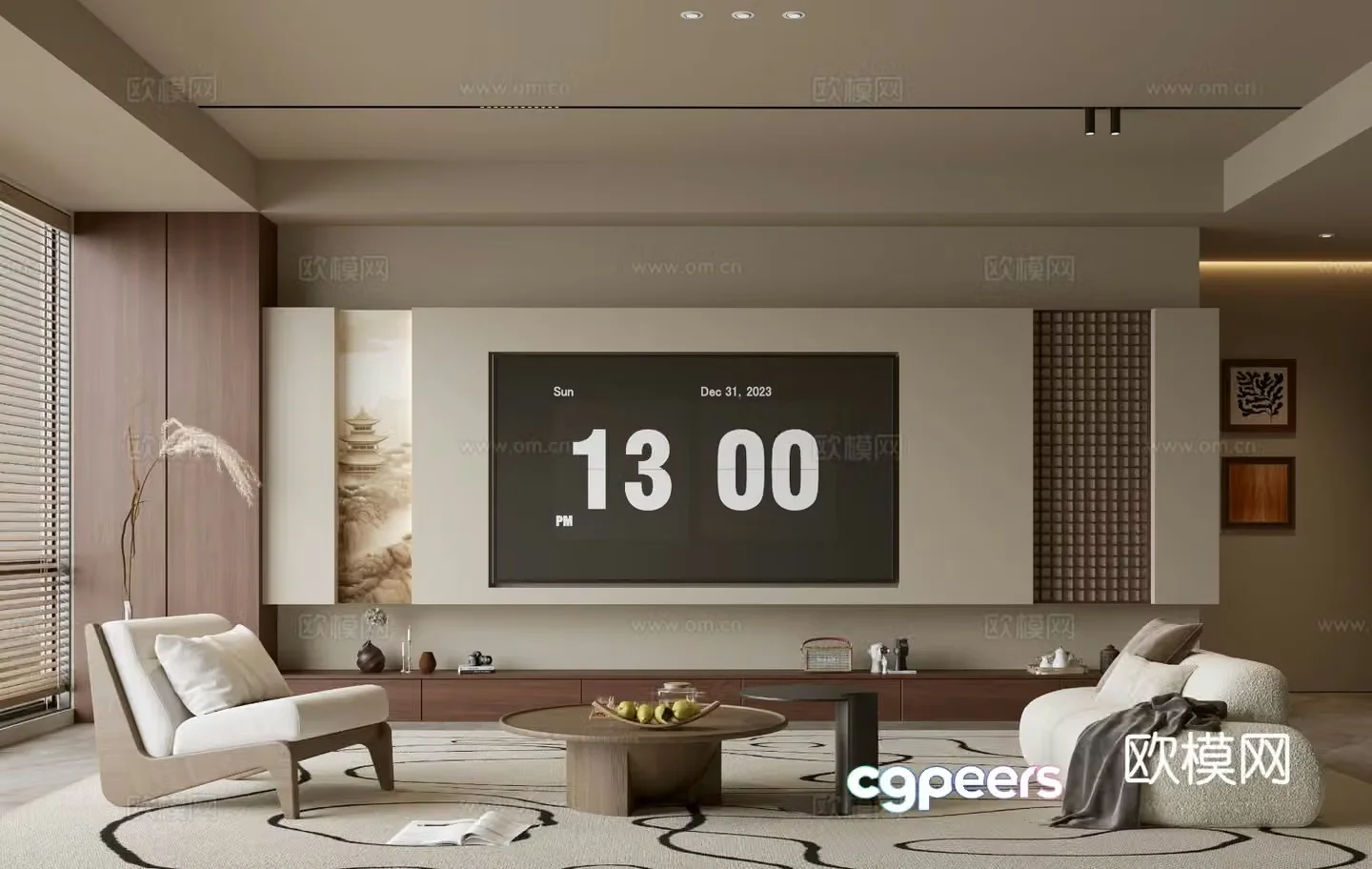 Middle Ages Lavigation Living Room Song-style Living Room Light Luxury TV Background Wall Combination Coffee Table Sofa Combination 3D Model