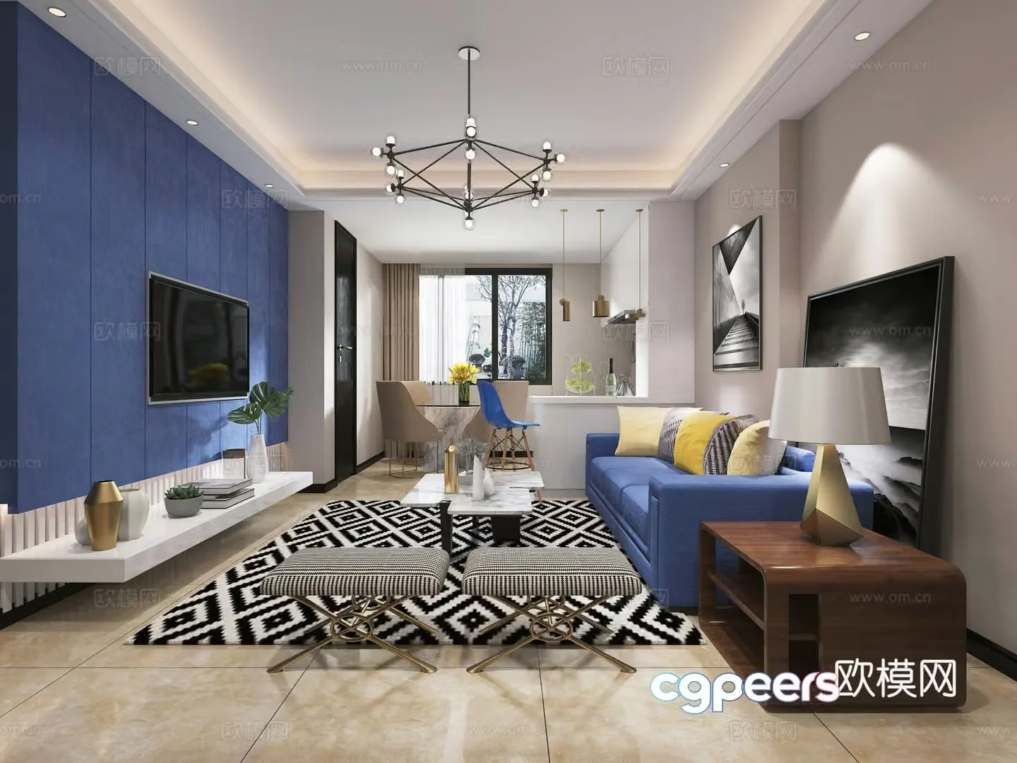 Modern living room Postmodern living room Dining table and chair Sofa coffee table Chandelier Desktop ornaments Hanging painting 3D model