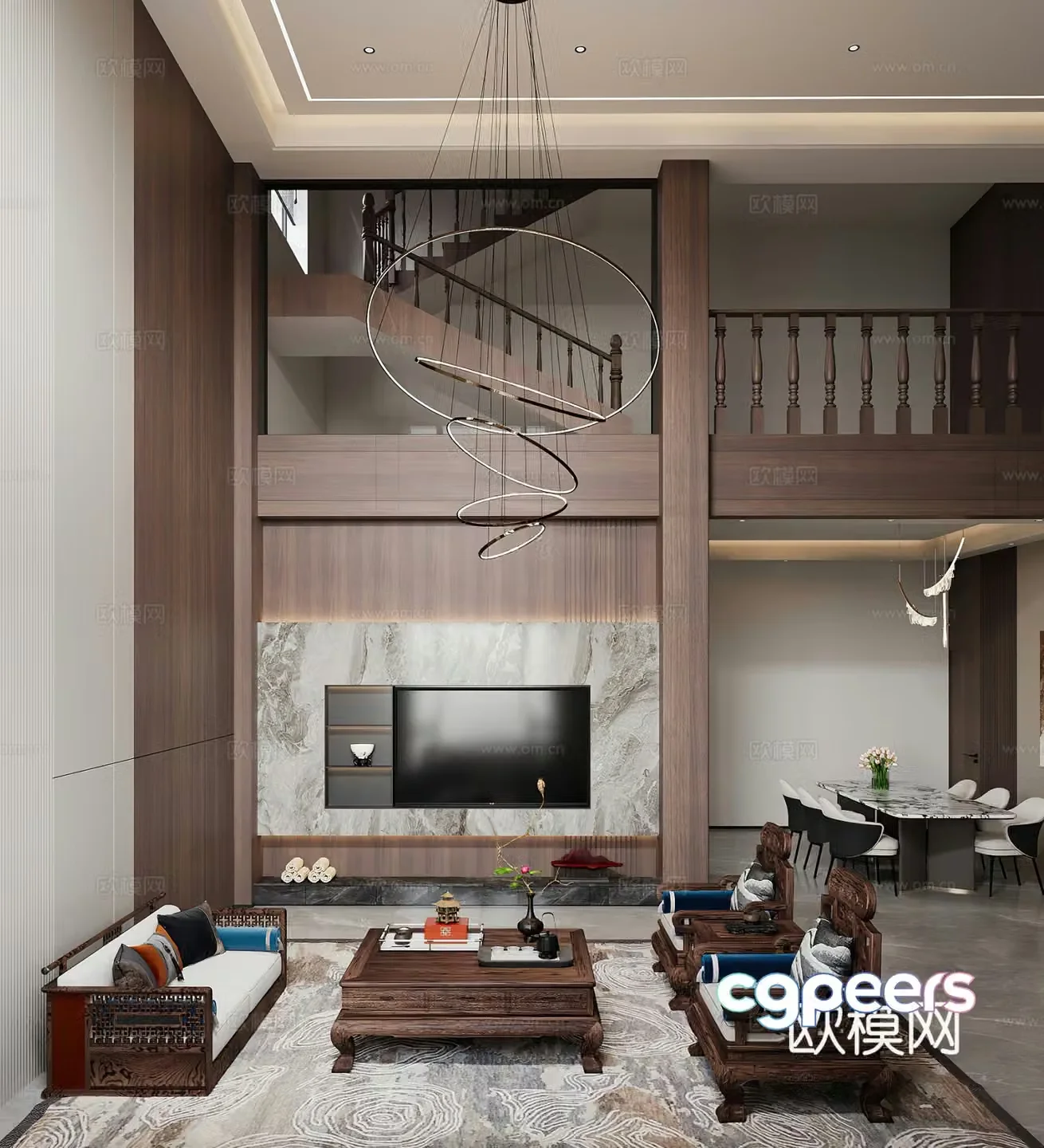 New Chinese style hollow villa living room and dining room solid wood furniture combination sofa medieval style living room 3D model