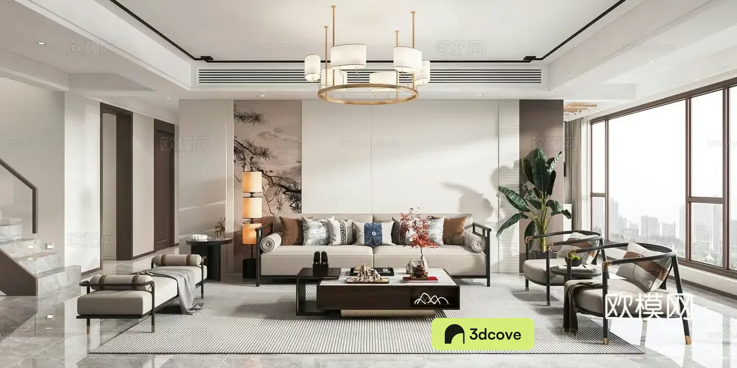 New Chinese style living and dining room open kitchen dry area study staircase