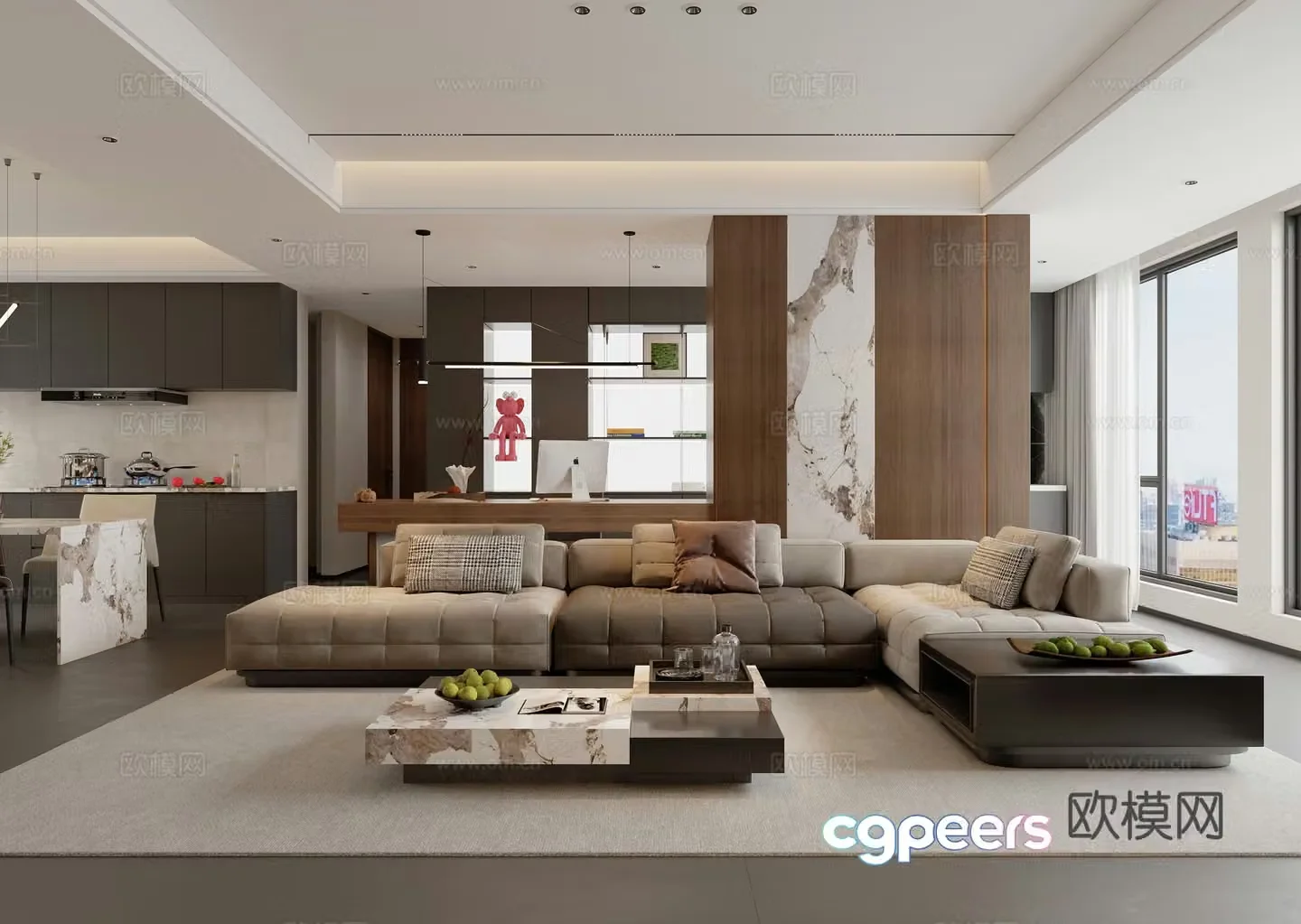 Modern living and dining room combination sofa study desk office kitchen western kitchen light luxury 3D model