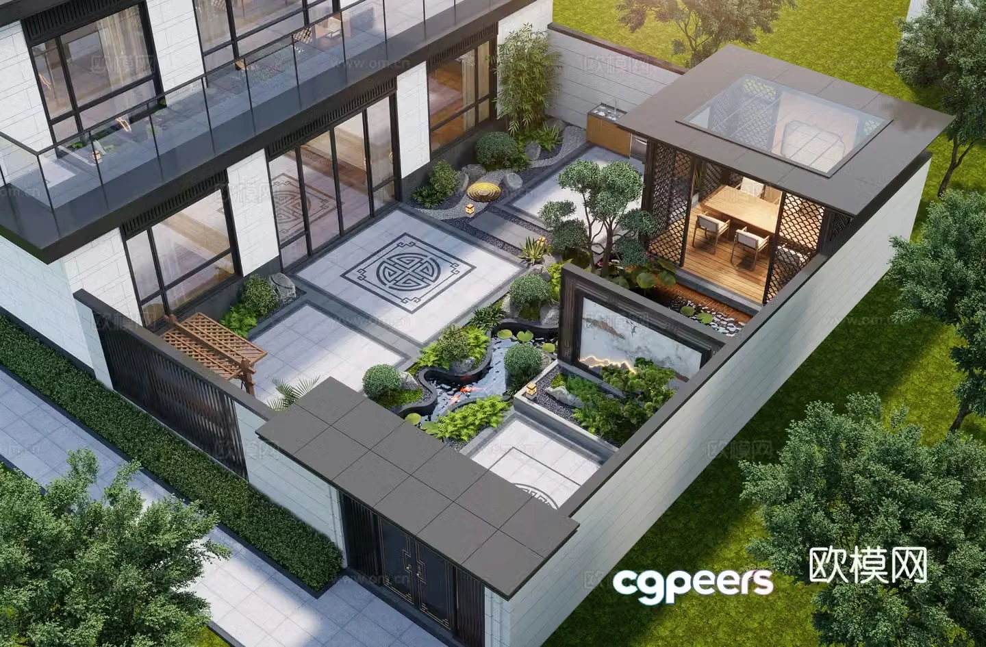 New Chinese style courtyard landscape family courtyard landscape sketch pavilion rockery waterscape landscape wall 3D model