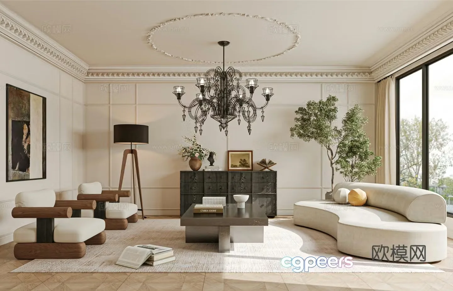 French living room sofa single chair coffee table 3d model