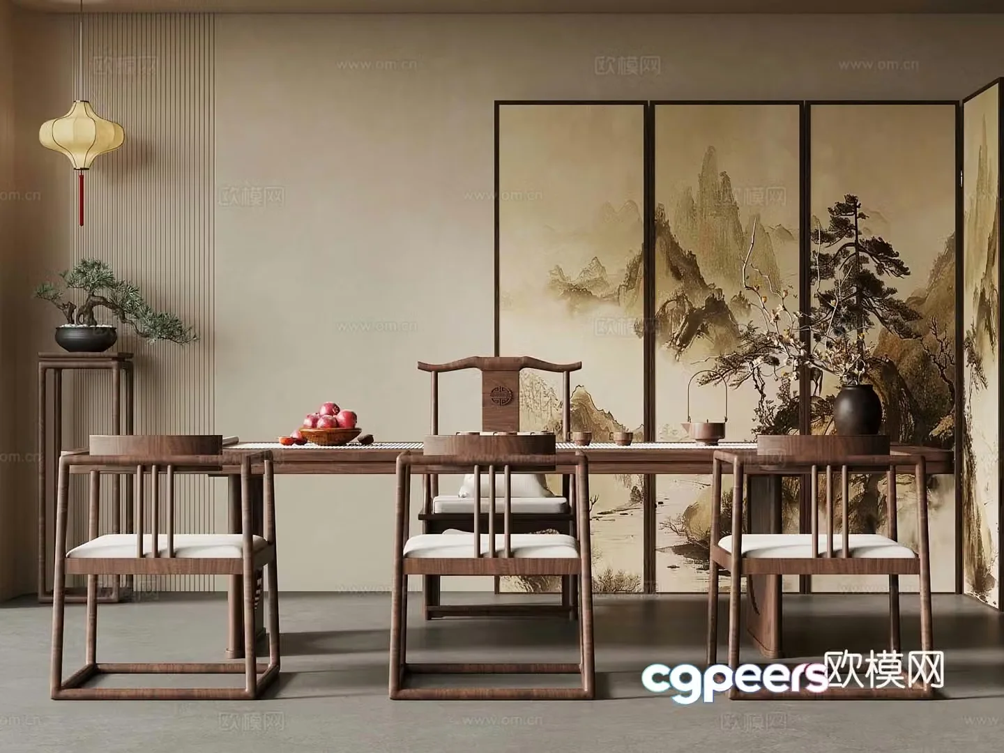 New Chinese-style tea table and chairs screen chandelier lantern 3d model