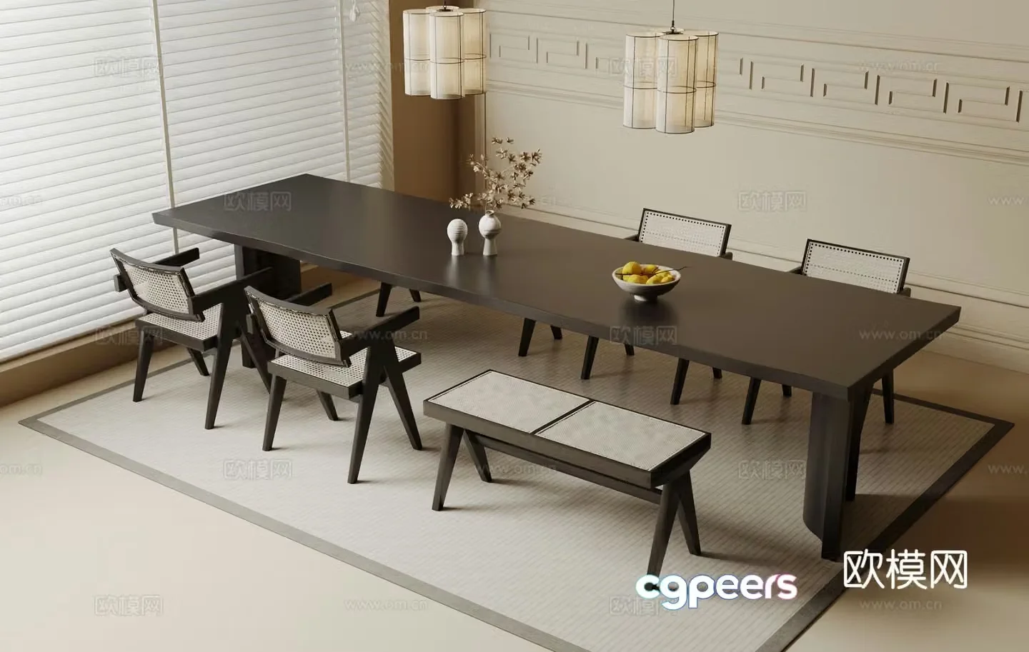 Wabi-sabi style dining table and chairs 3d model