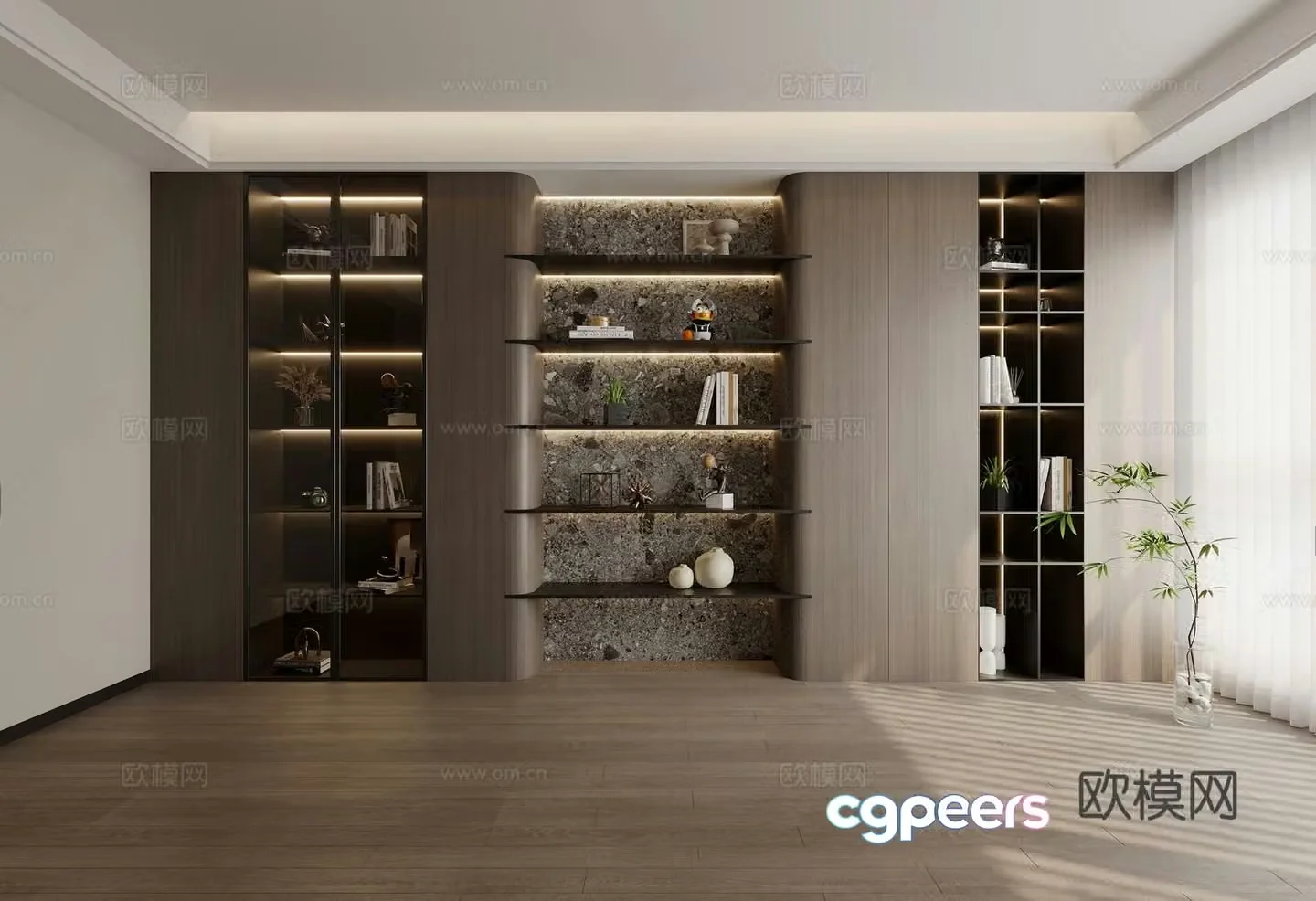 Modern bookcase Bookshelf Book ornaments Potted venetian blind 3d model