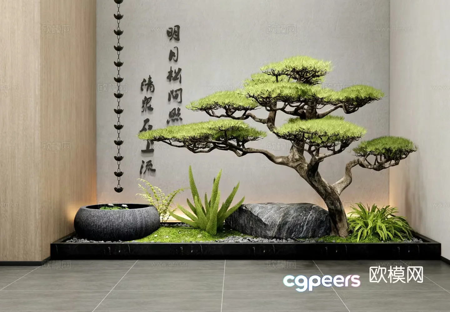 New Chinese style Zen interior landscape landscape patio interior landscape welcome pine stone water bowl rain 3d model