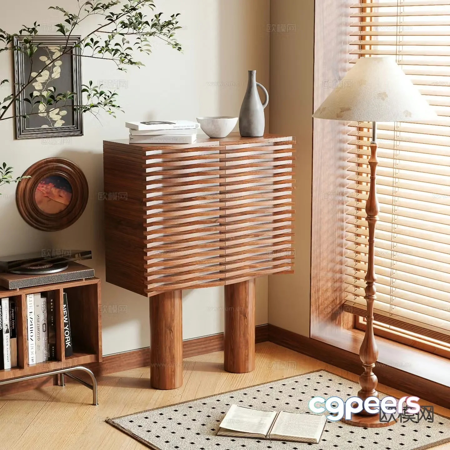 Log style entrance cabinet side cabinet tall cabinet 3D model