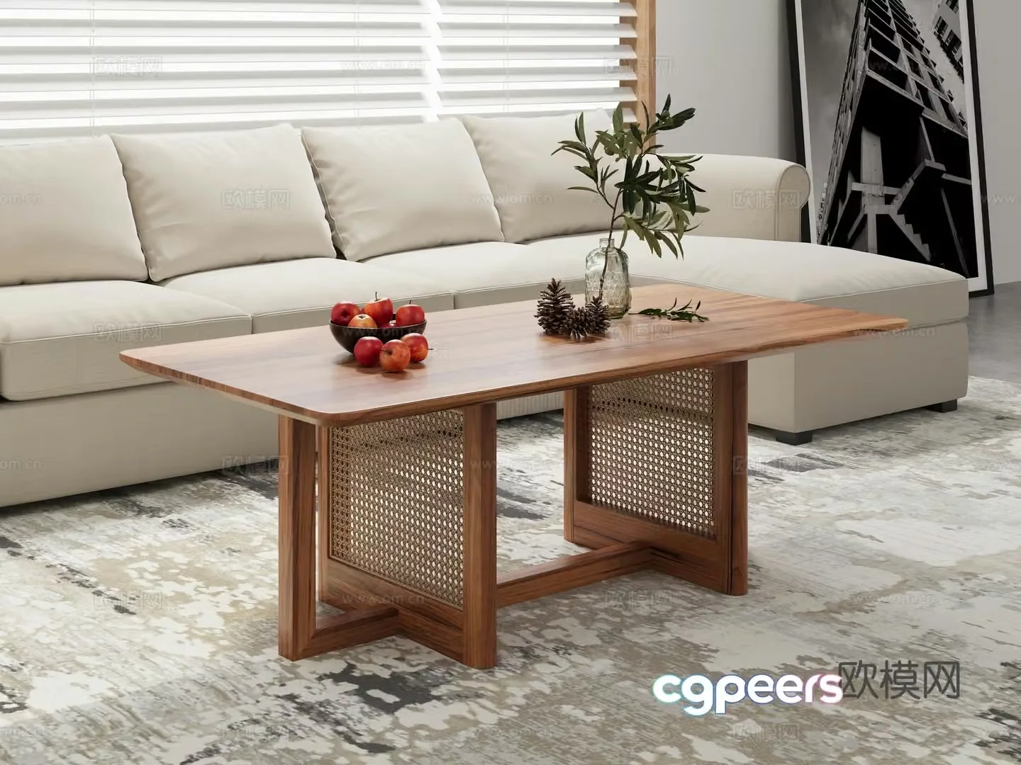 Nordic rectangular coffee table rattan coffee table 3D model