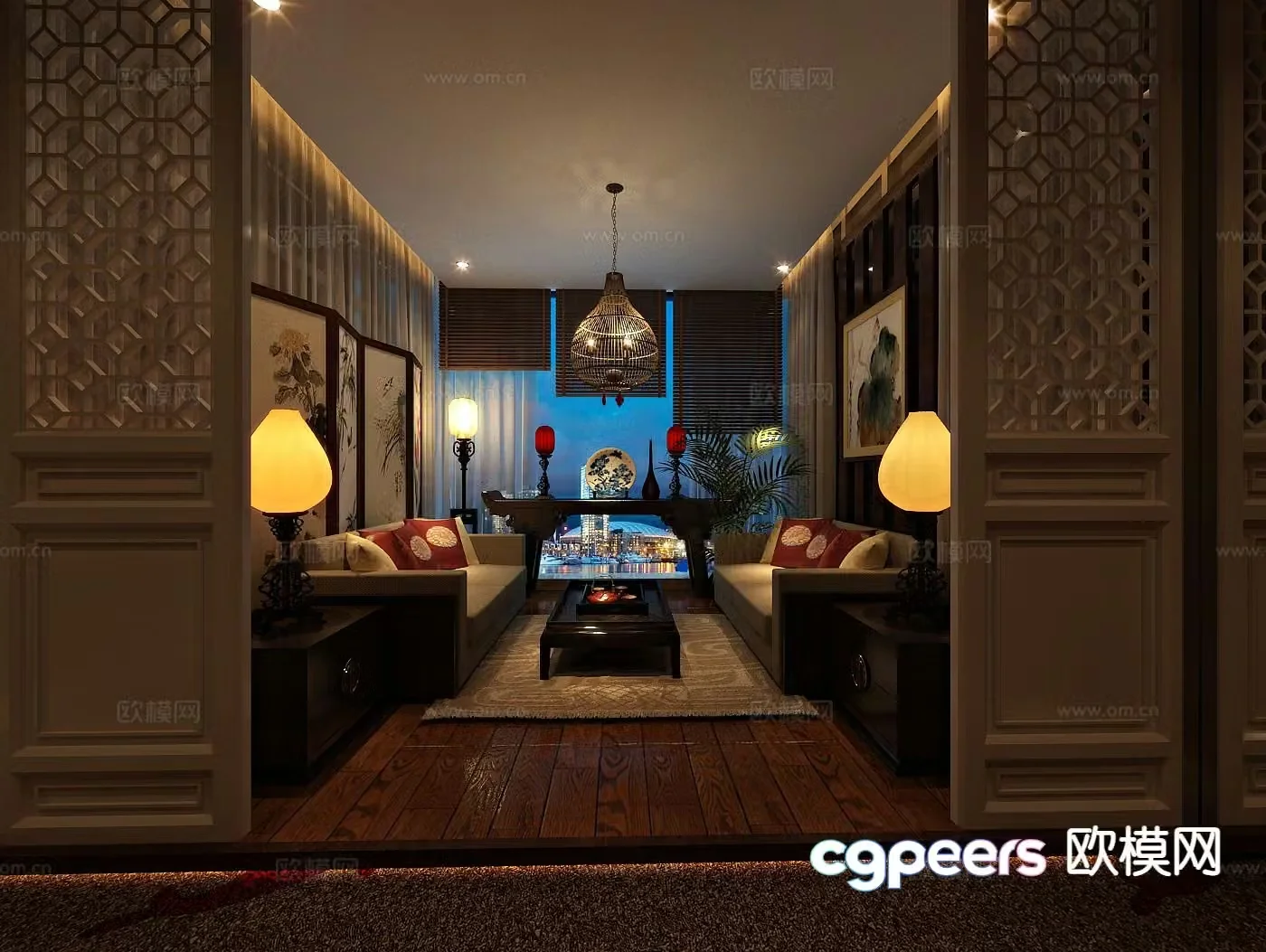 New Chinese Tea Room Reception Room Night Scene 3D Model