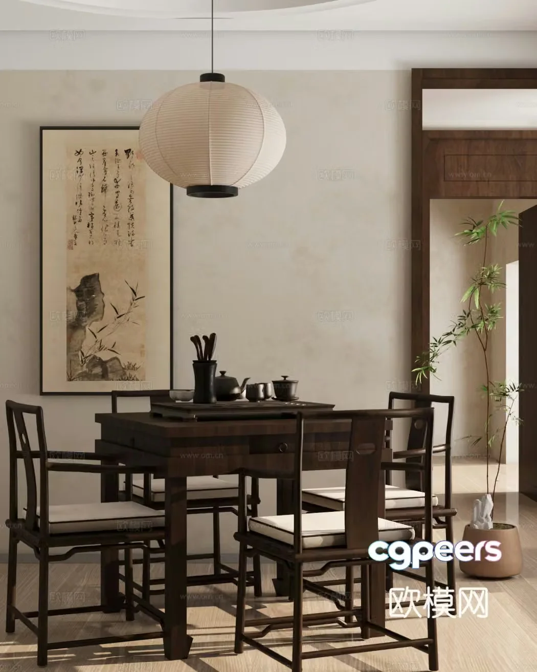 New Chinese-style tea table and chair chandelier hanging painting tea table and chair combination 3D model
