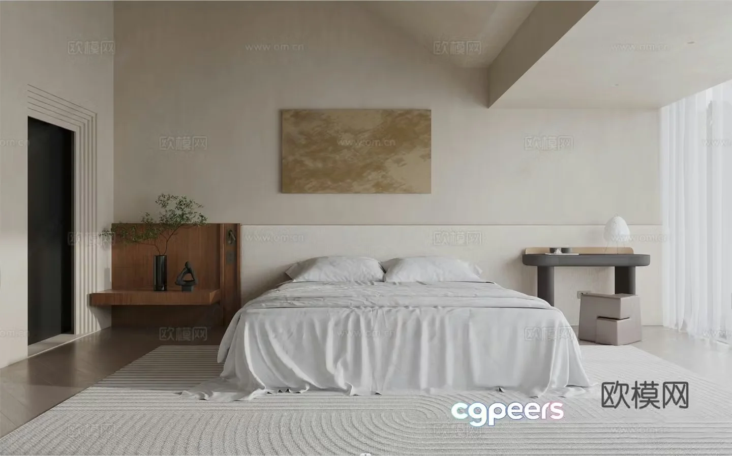 Wasabi Cream White Home Bedroom Double Bed Bedroom Sofa Coffee Table Combination Casual Sofa Carpet 3D Model