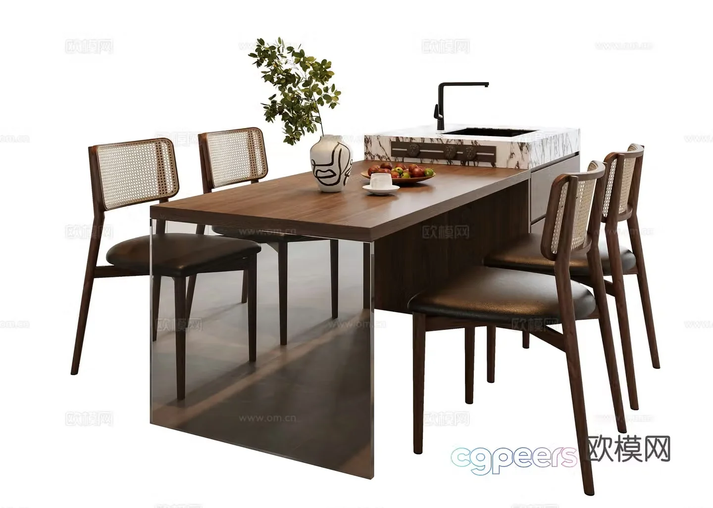 Medieval style island dining table and chairs 3D model