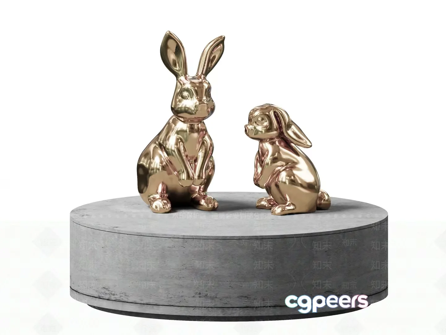 Two Gold Bunnies On A Round Table 3D Model – 7340 – VRAY Render