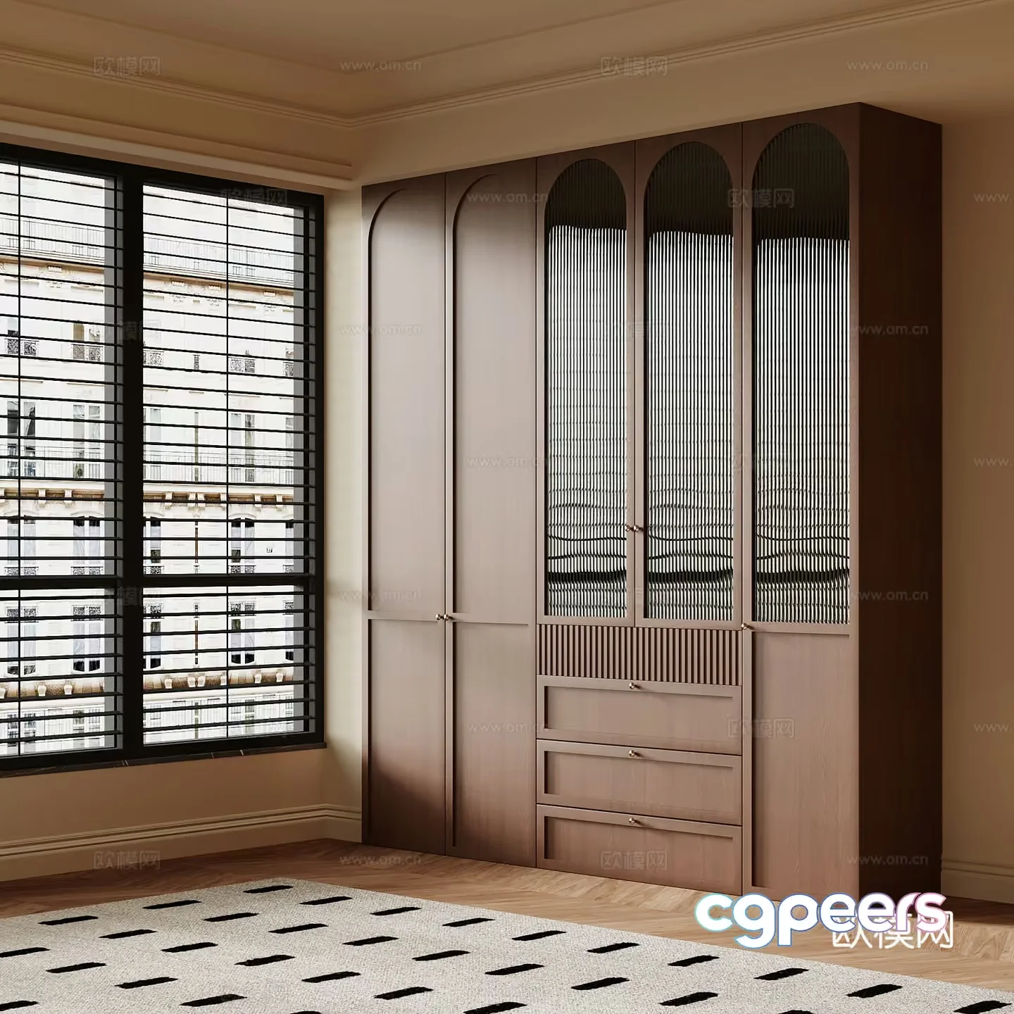 A Wooden Wardrobe With Glass Doors 3D Model – 1537 – VRAY Render