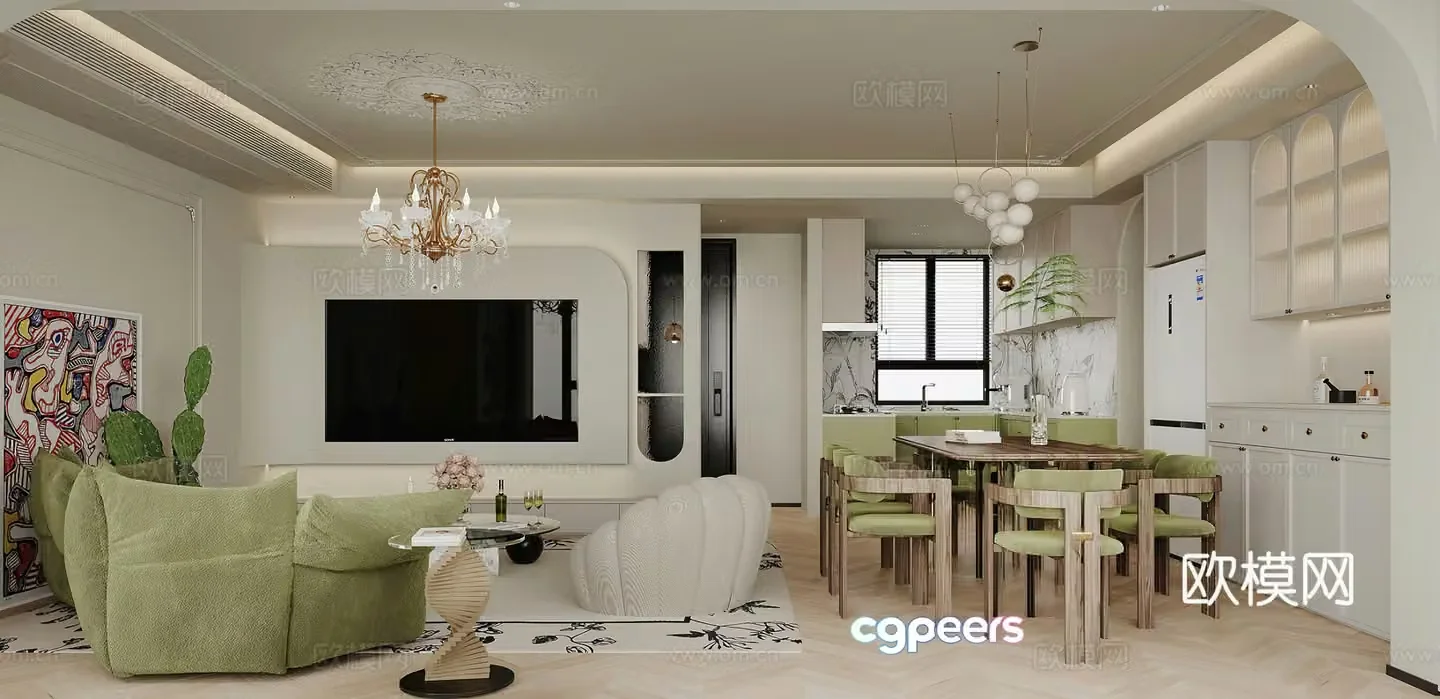 French living and dining room combination sofa TV background wall dining table retro leisure chair living room 3d model
