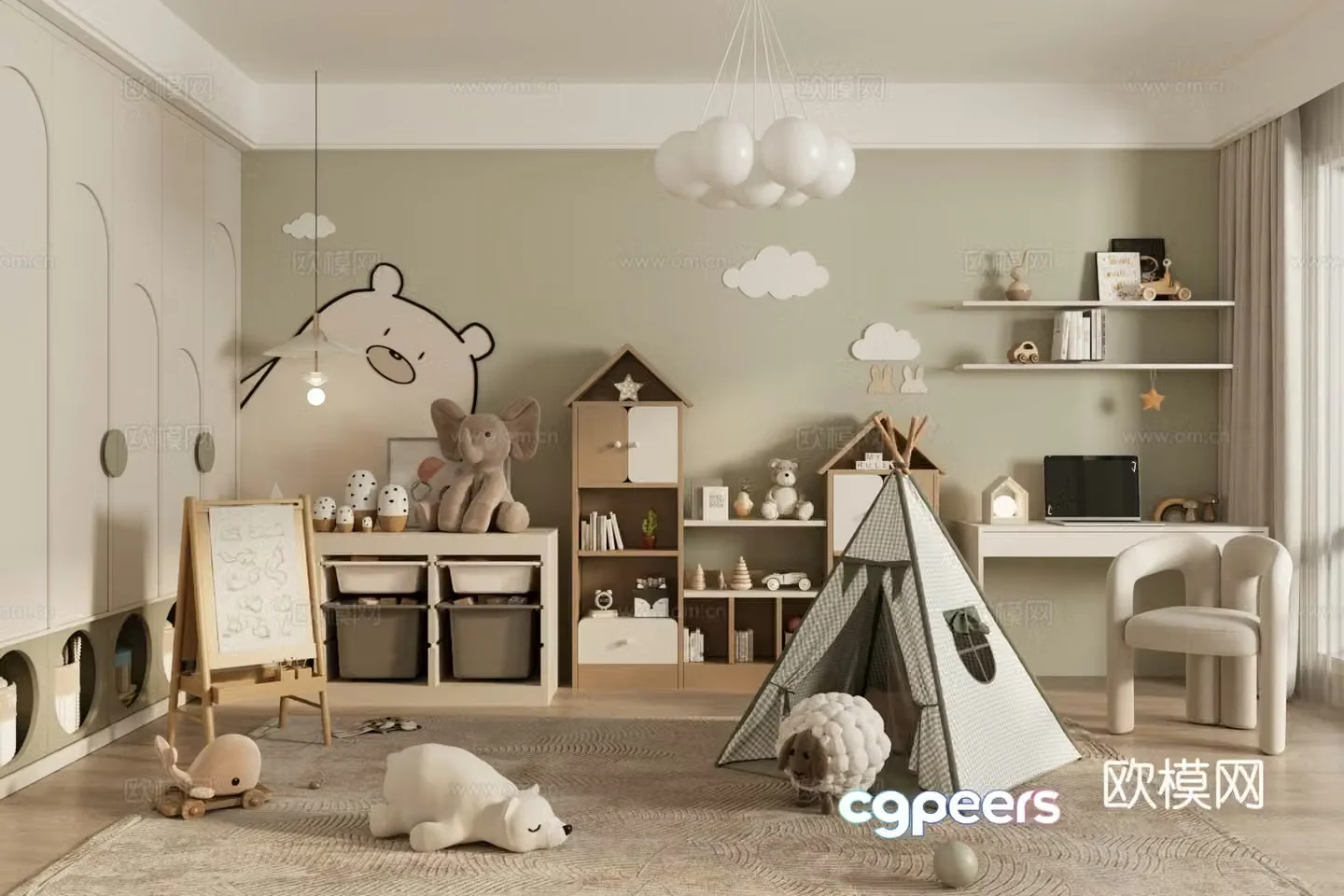 Modern children’s entertainment room children’s storage cabinet tent children’s wardrobe study table and chair combination 3D model