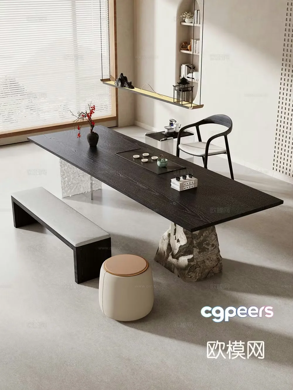 Creamy large plate table tea table and chair combination tea table tea table tea room tea table balcony tea table 3D model
