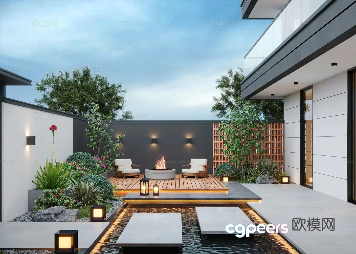Modern courtyard landscape home yard courtyard sketch outdoor leisure chair outdoor dining table 3d model