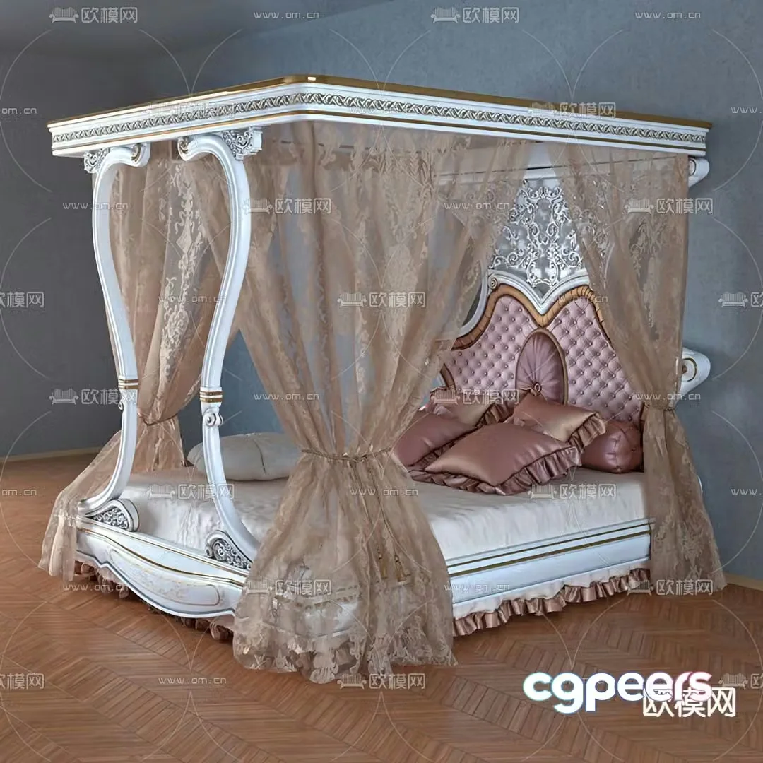 Simple European double bed loft bed 3d model