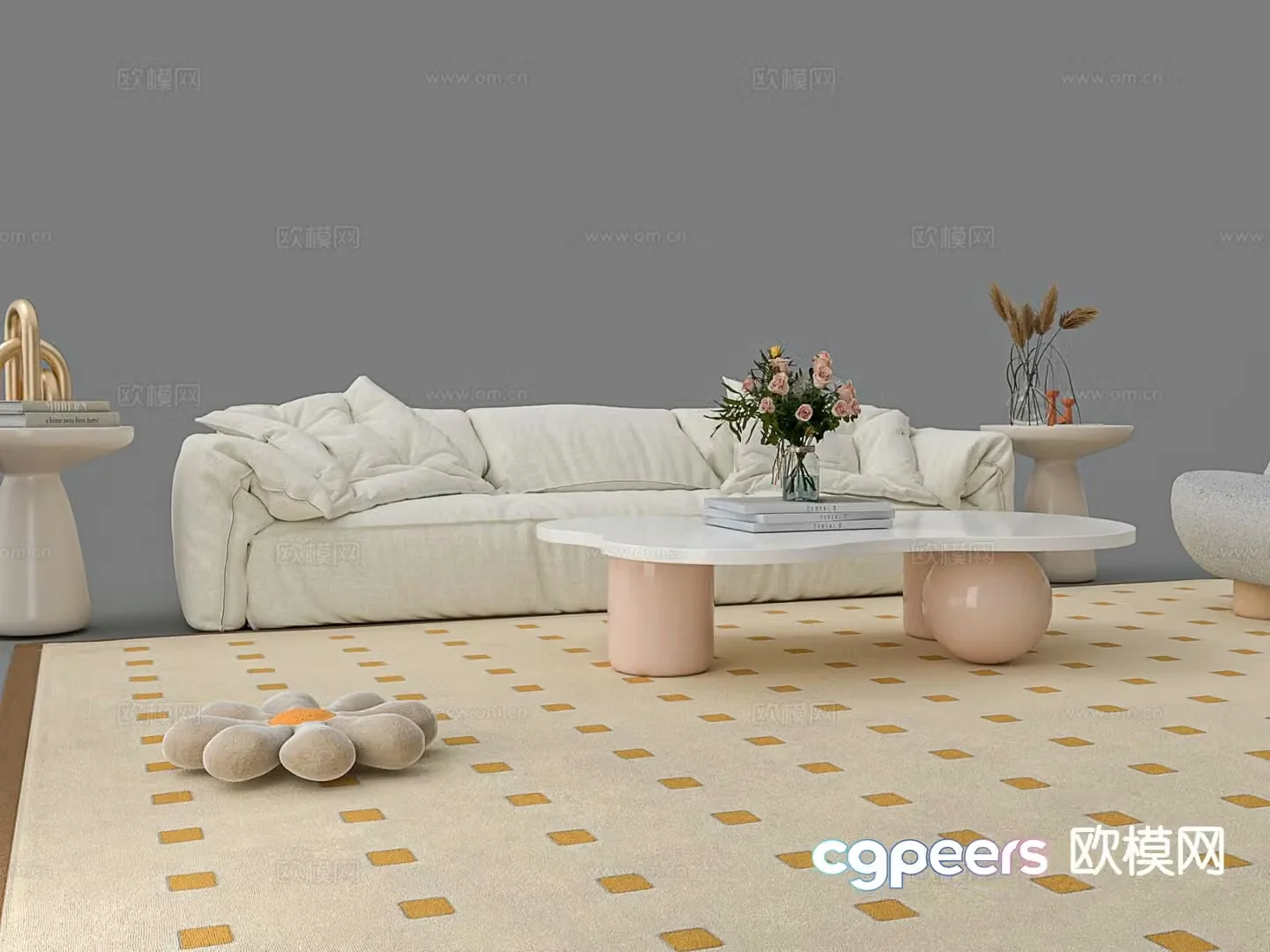 Cream style three-seat sofa Elephant ear sofa 3D model