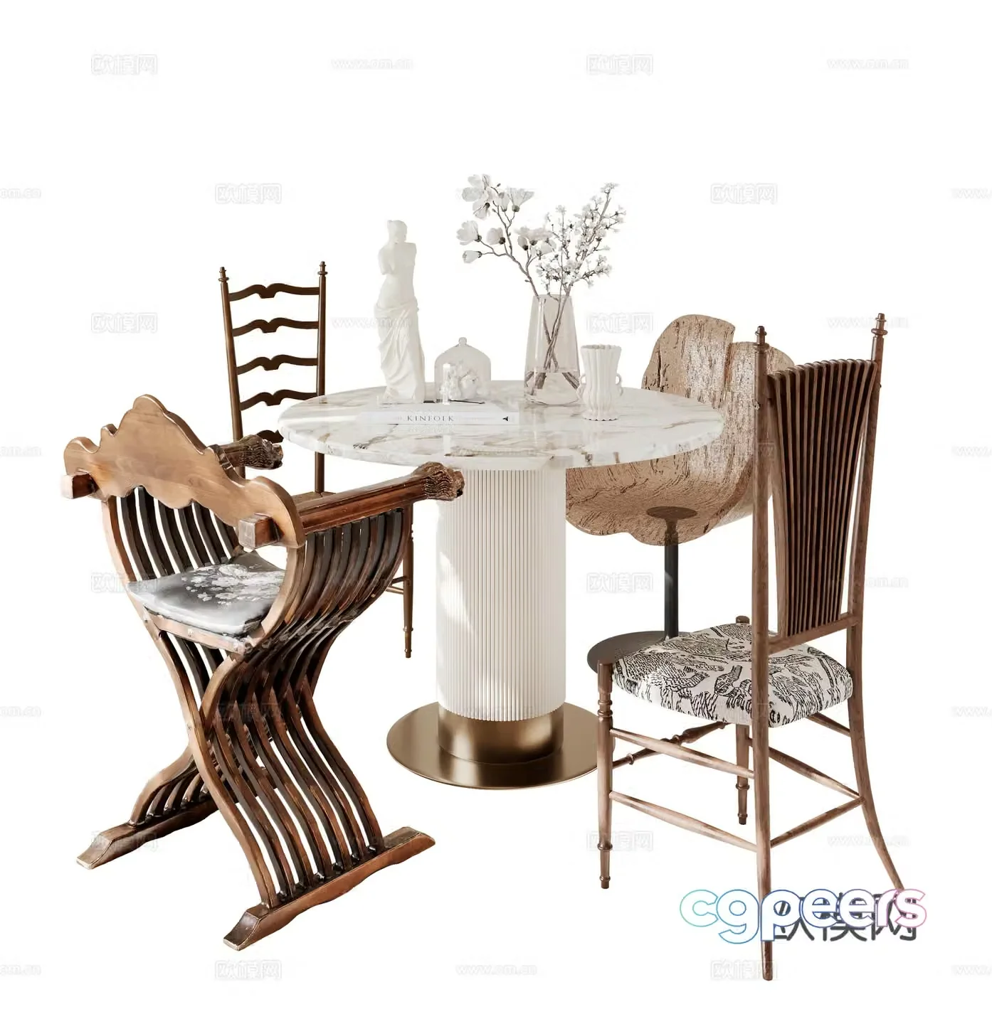 French medieval dining table and chair 3D model