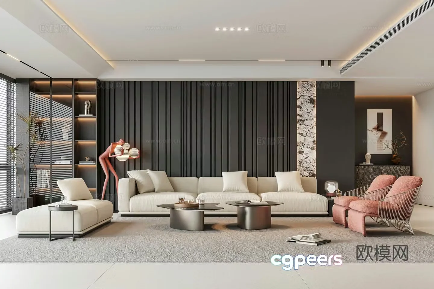 Italian light luxury home living room fabric sofa coffee table combination dark style sofa background wall without owner light 3D model