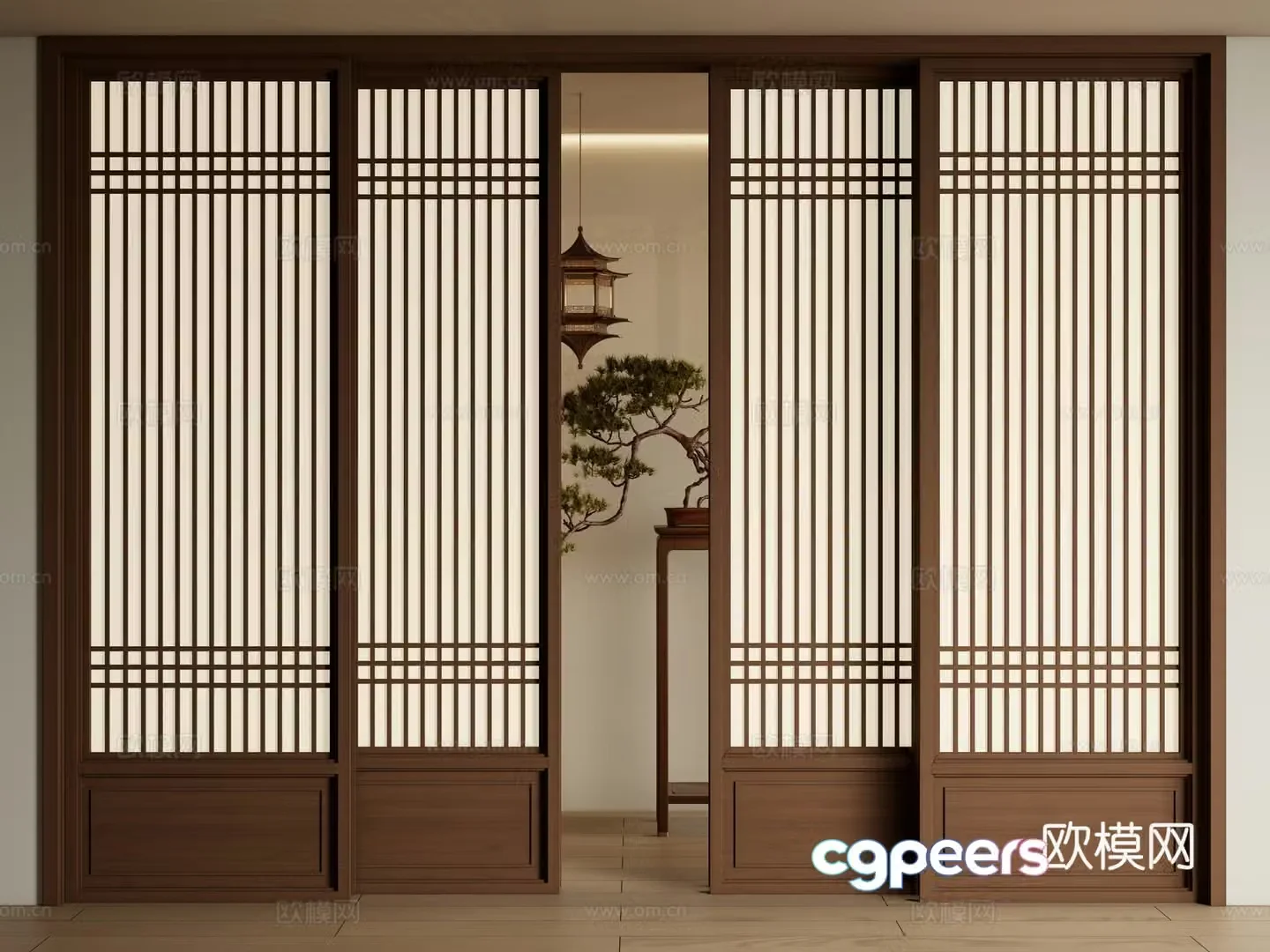 New Chinese sliding door Multi-connected sliding door Grating door 3D model