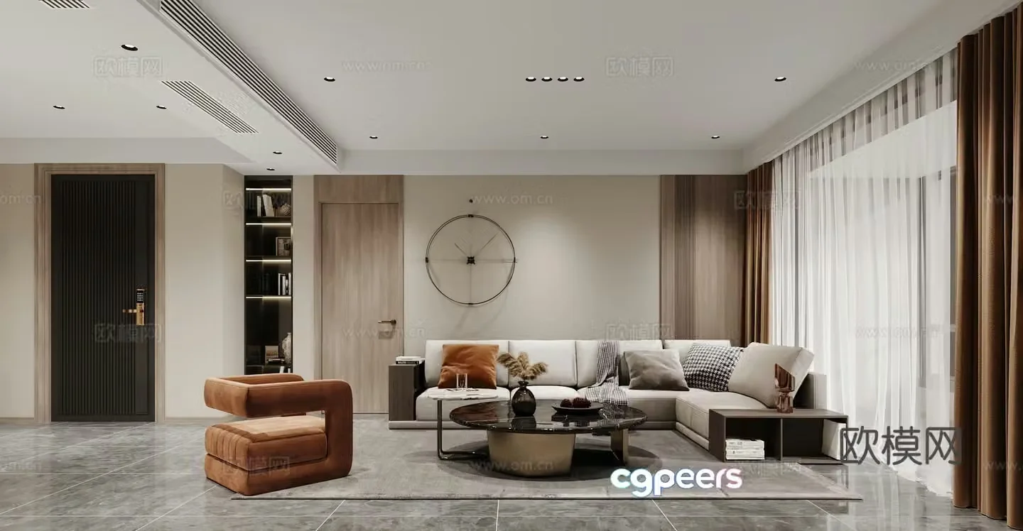 Modern living room L-shaped sofa single chair coffee table clock entrance door modern ornament 3d model