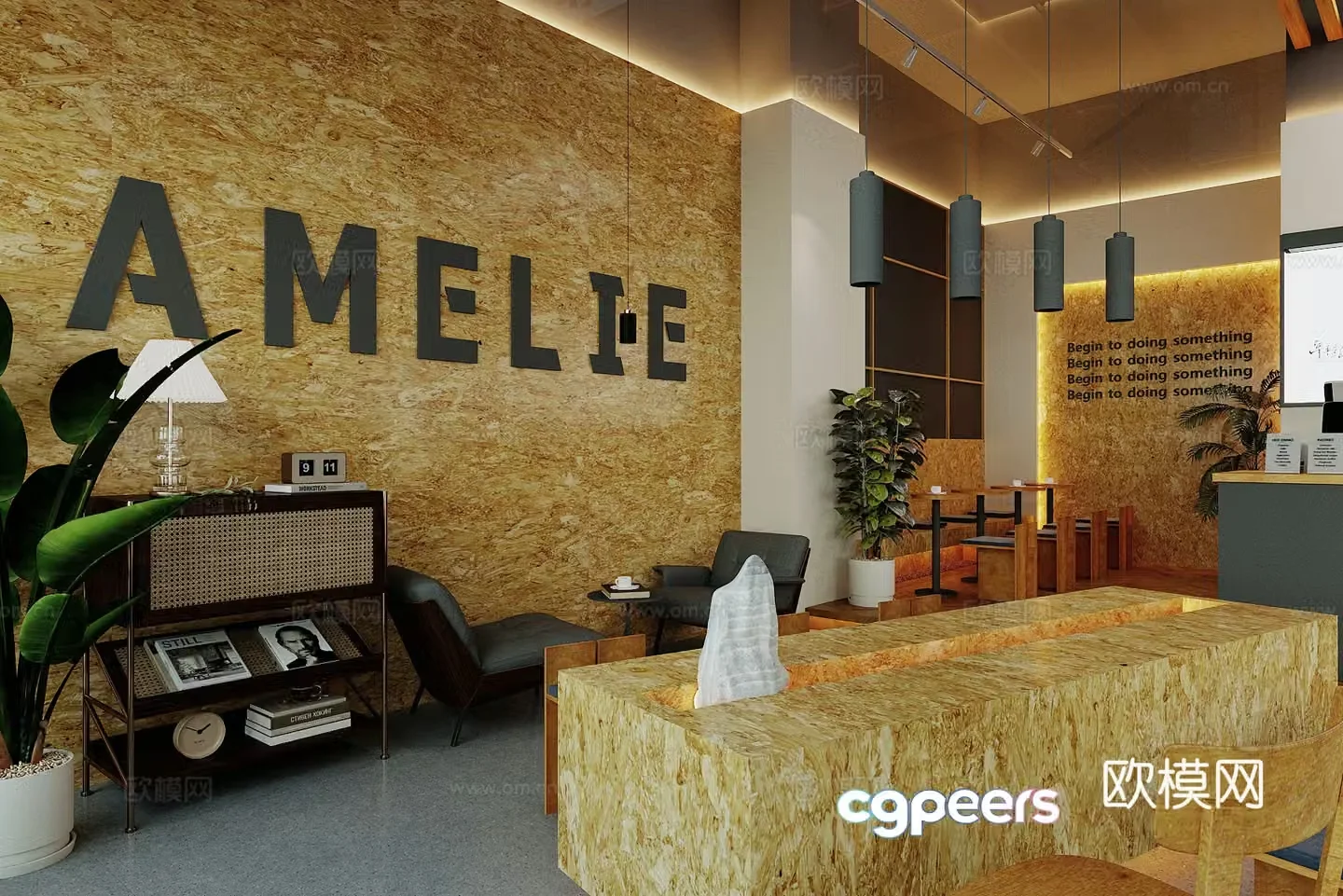 Log wood style milk tea shop cafe 3d model